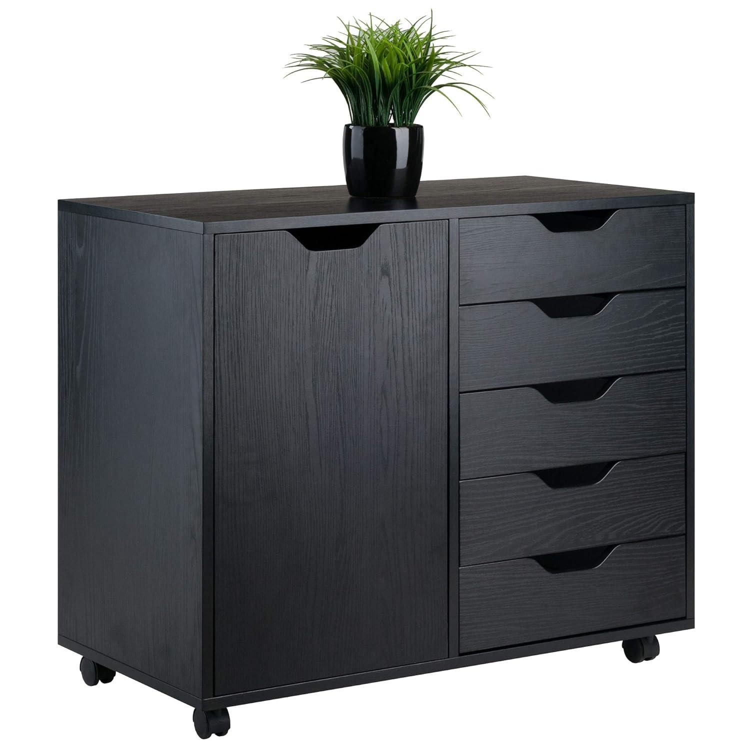 Halifax Cabinet with 5 Drawer & 1 Side Cabinet Black - Winsome: Mobile Storage Unit, Composite Wood, Modern Design