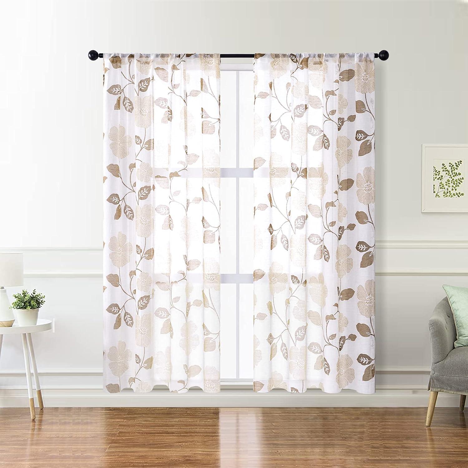 MRTREES Sheer Curtain Panels, Voile Sheer Curtains Drapes Rod Pocket, Flower Printed Embroidery Window Curtain Treatments for Bedroom Living Room Bathroom Window(2 Panels, 54x45 Inches, Brown)