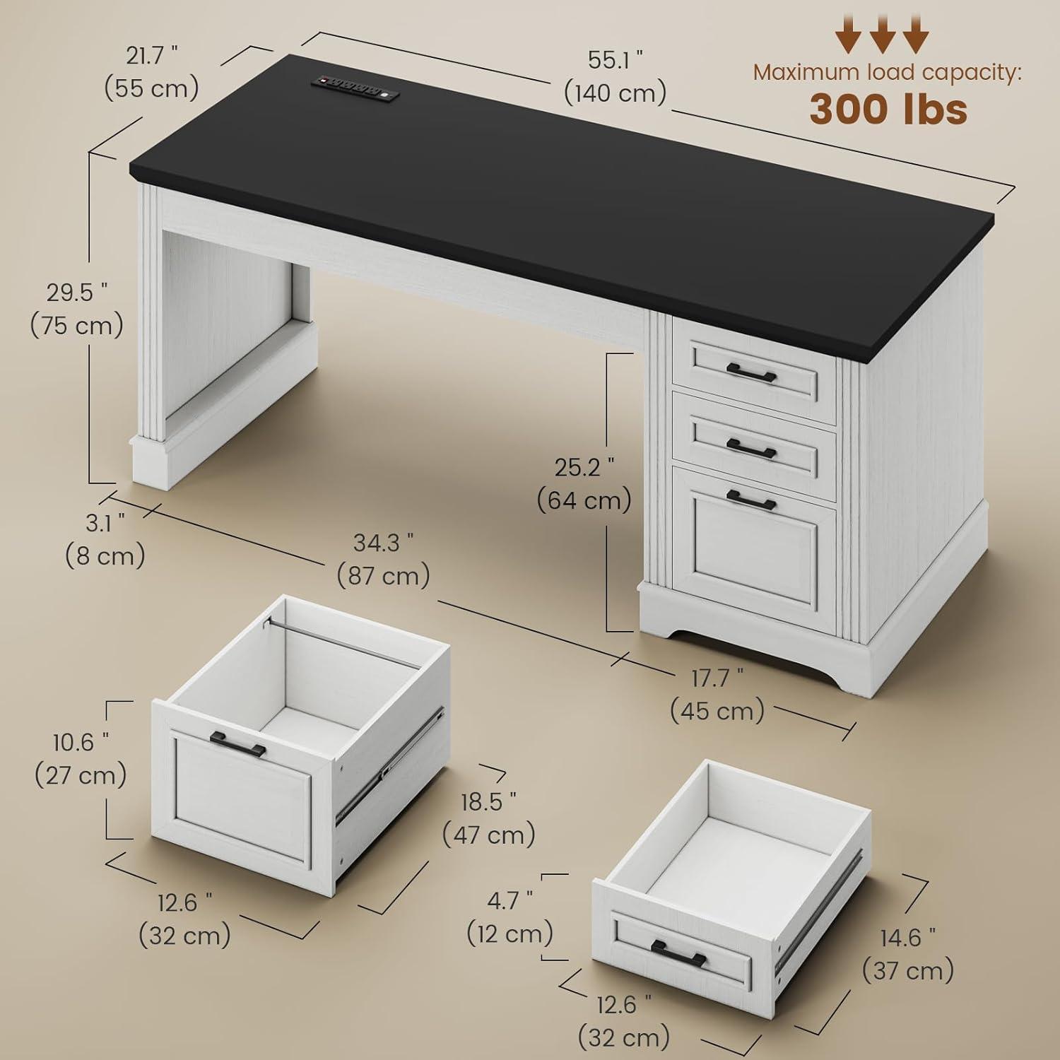 SEDETA Office Desk with 3 Drawers, 55" Executive Computer Desk with Storage Drawers, Farmhouse Desk with Power Outlet for Home Office, White