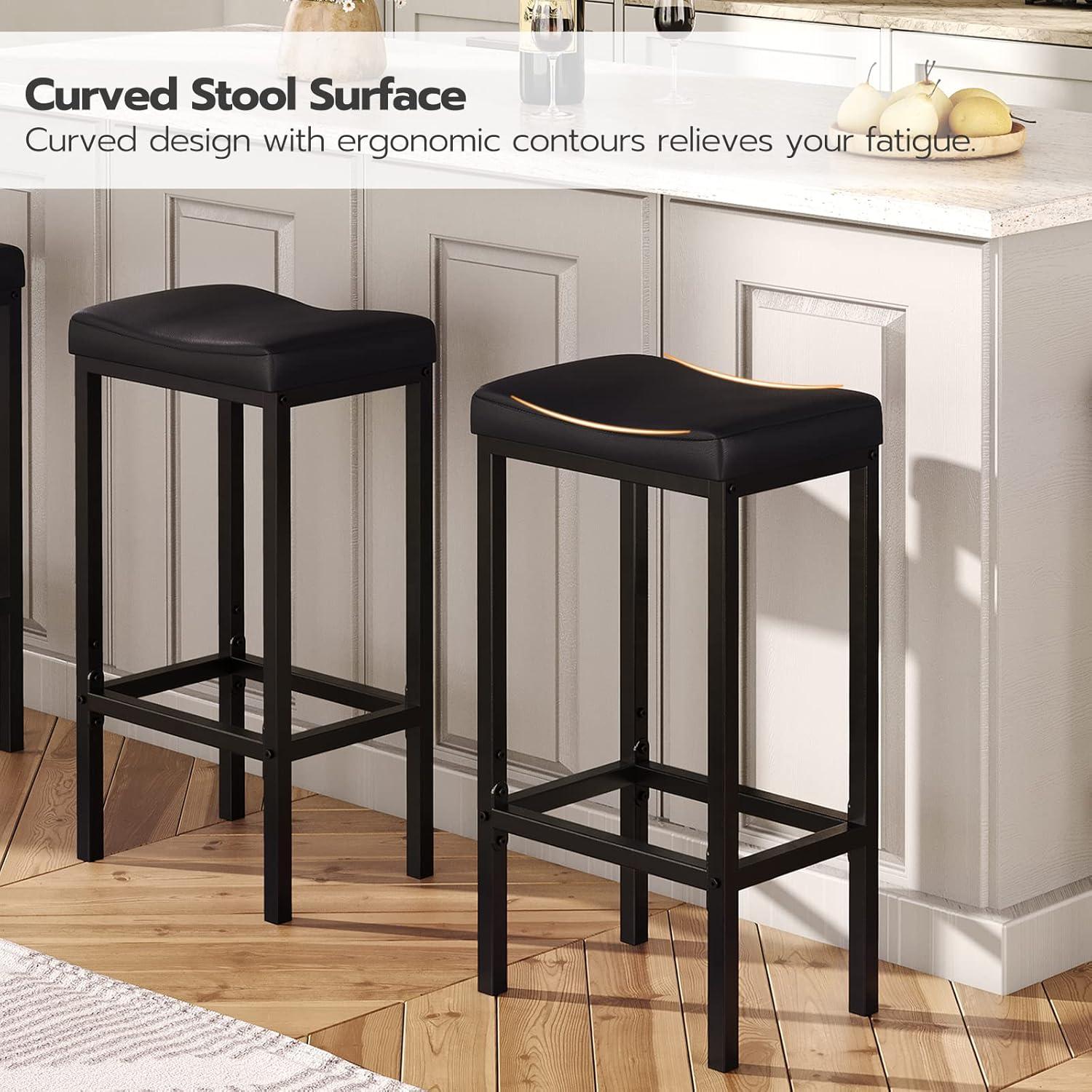 edx Bar Stools Set of 4, Modern Counter Height, 24 Inch Kitchen Barstools with Metal Base, PU Leather Saddle Seats for Kitchen Island, Black