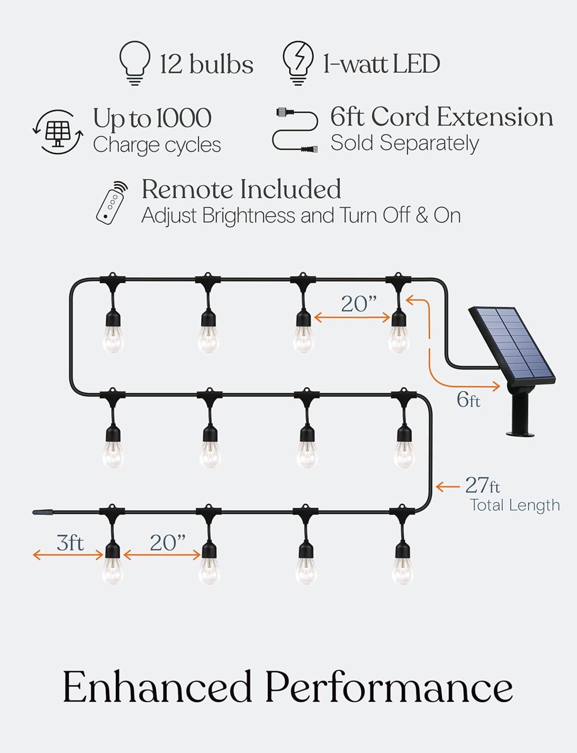 Brightech 12-Bulb LED AmbiencePro Solar Remote 1W 3000K Outdoor Hanging String Lights Clear Bulb Black Wire