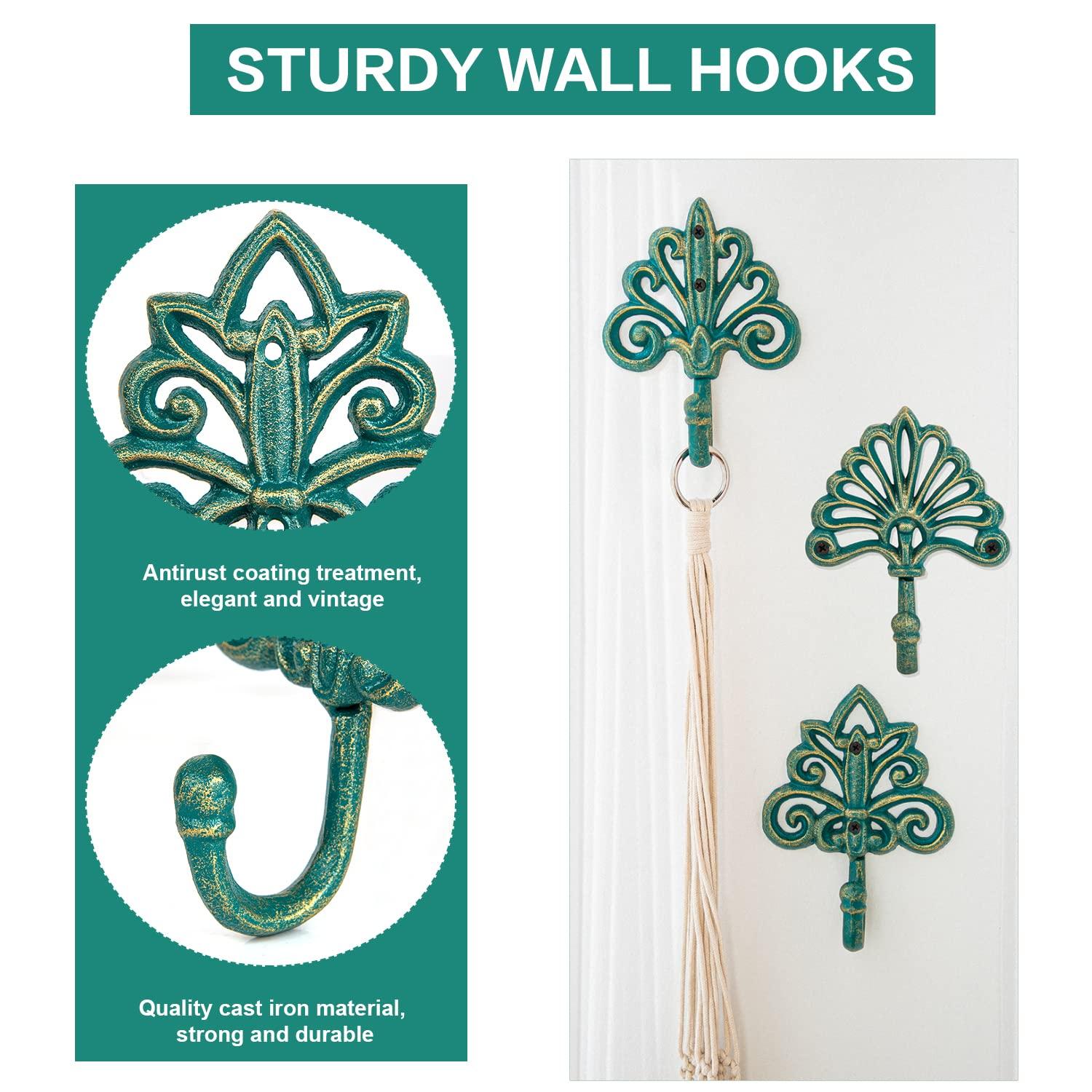 Antique Green Cast Iron Decorative Wall Hooks Set of 3