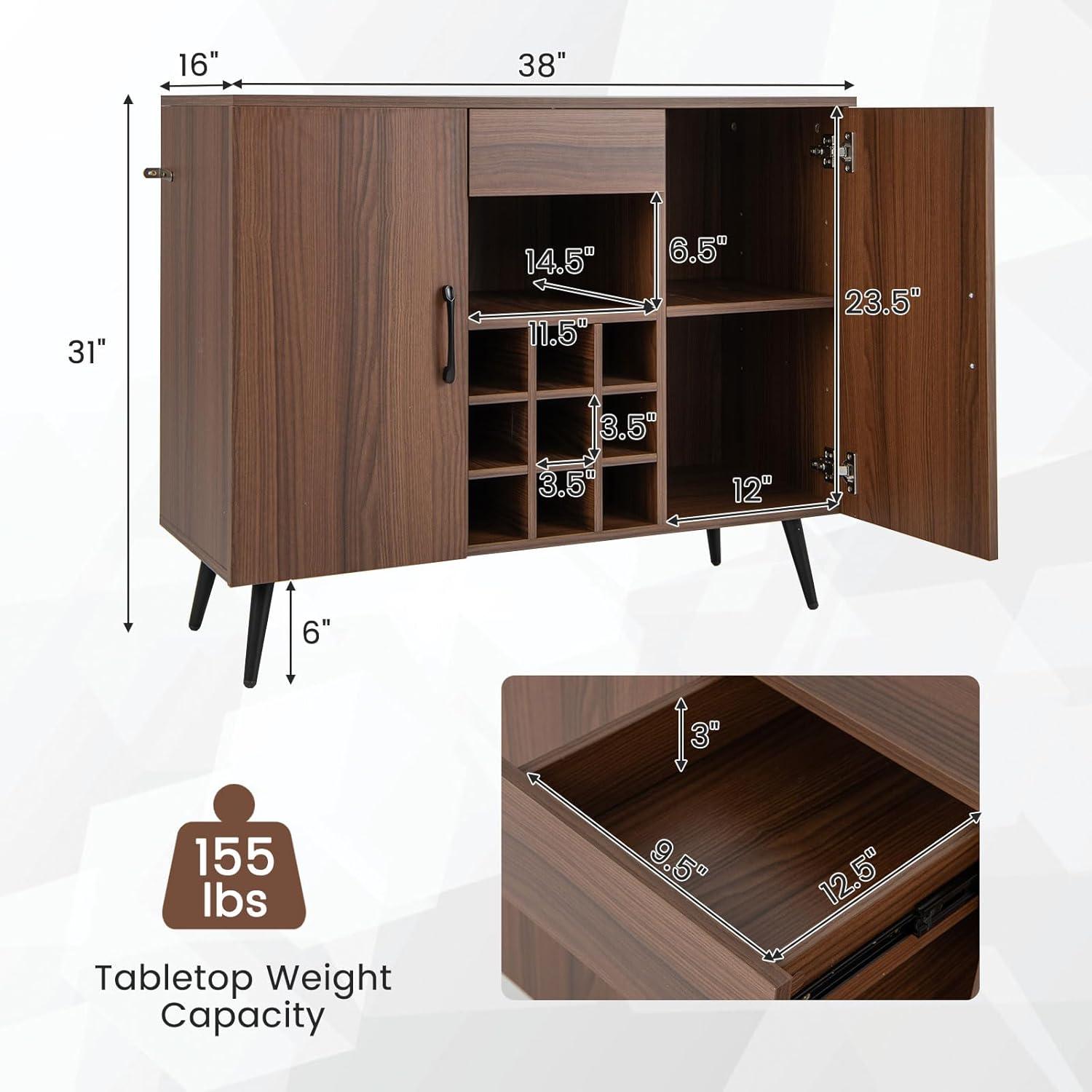 Mid-century Modern Buffet Sideboard Server Cabinet with 9-Bottle Wine Rack
