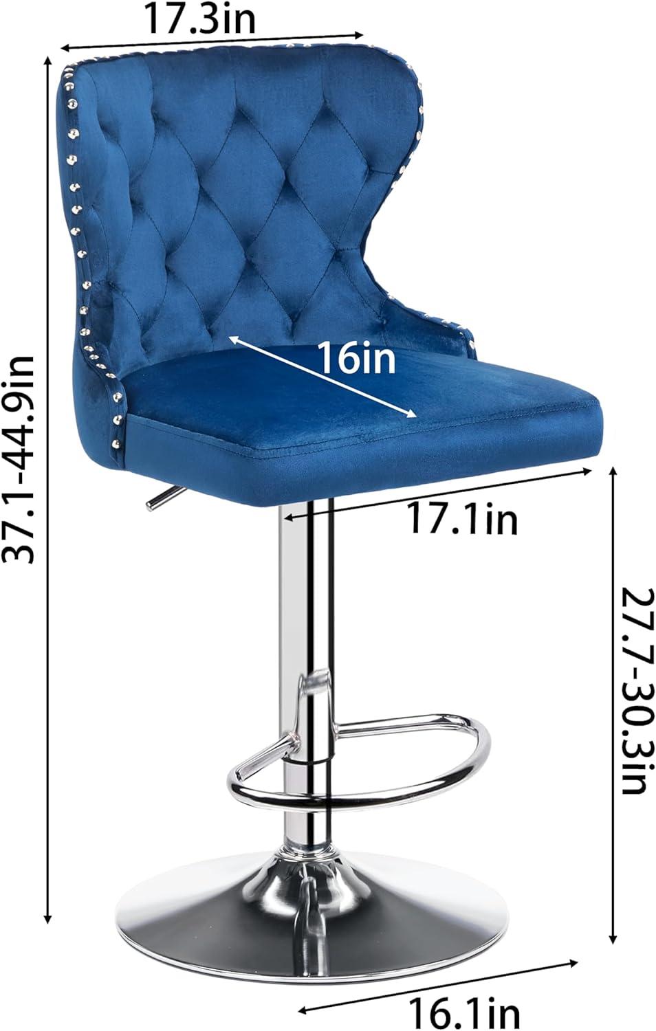 Adjustable Blue Velvet Swivel Bar Stools with Silver Base