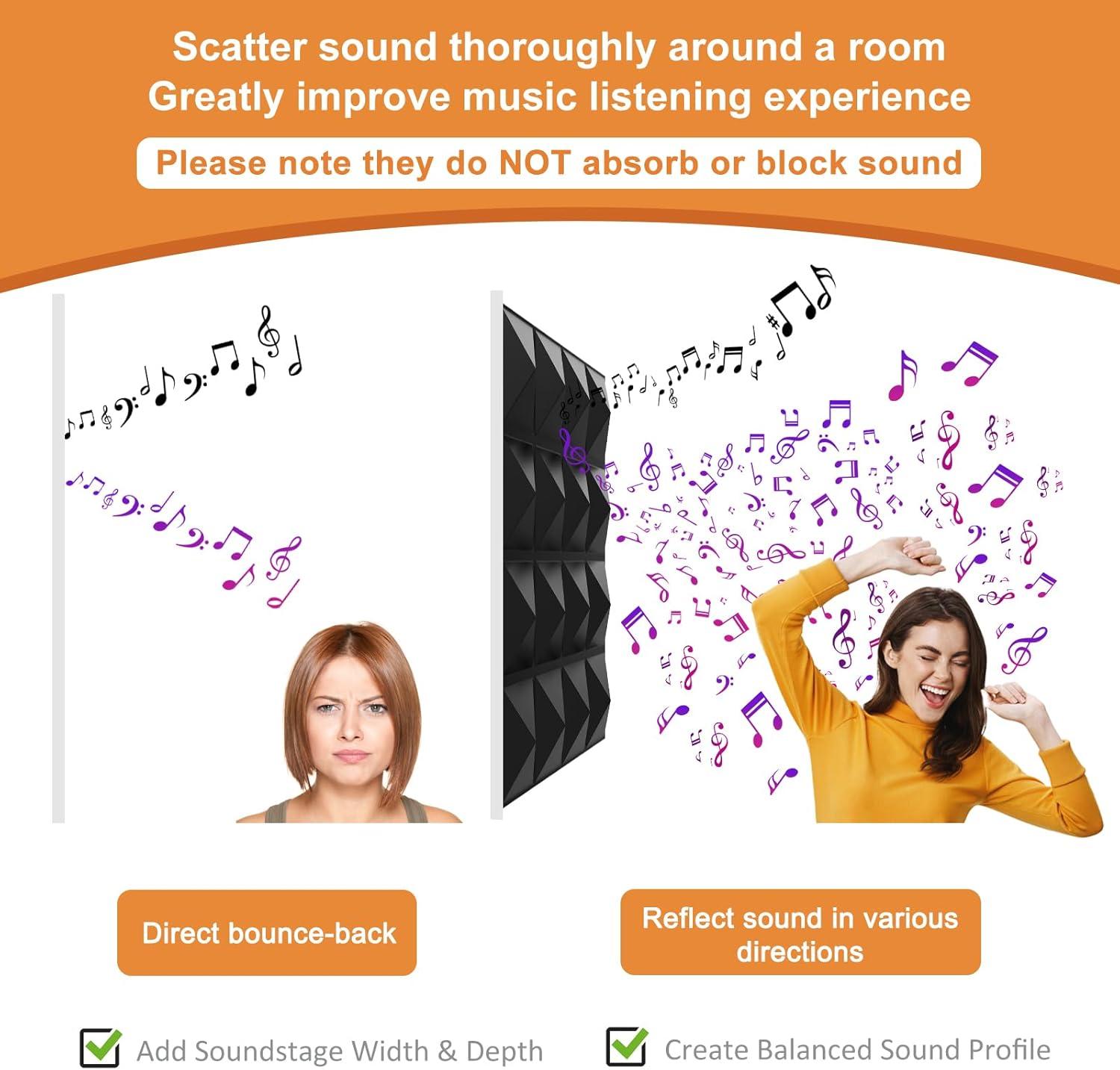 TroyStudio Acoustic Sound Diffuser Panels, 12 X 12 X 1 inches 8 Pcs PVC Plastic Wall Panel, Recording Studio Acoustical Treatments Diffusion Panel, 3D Art Decorative Ceiling Tiles (Pyramid, Black)