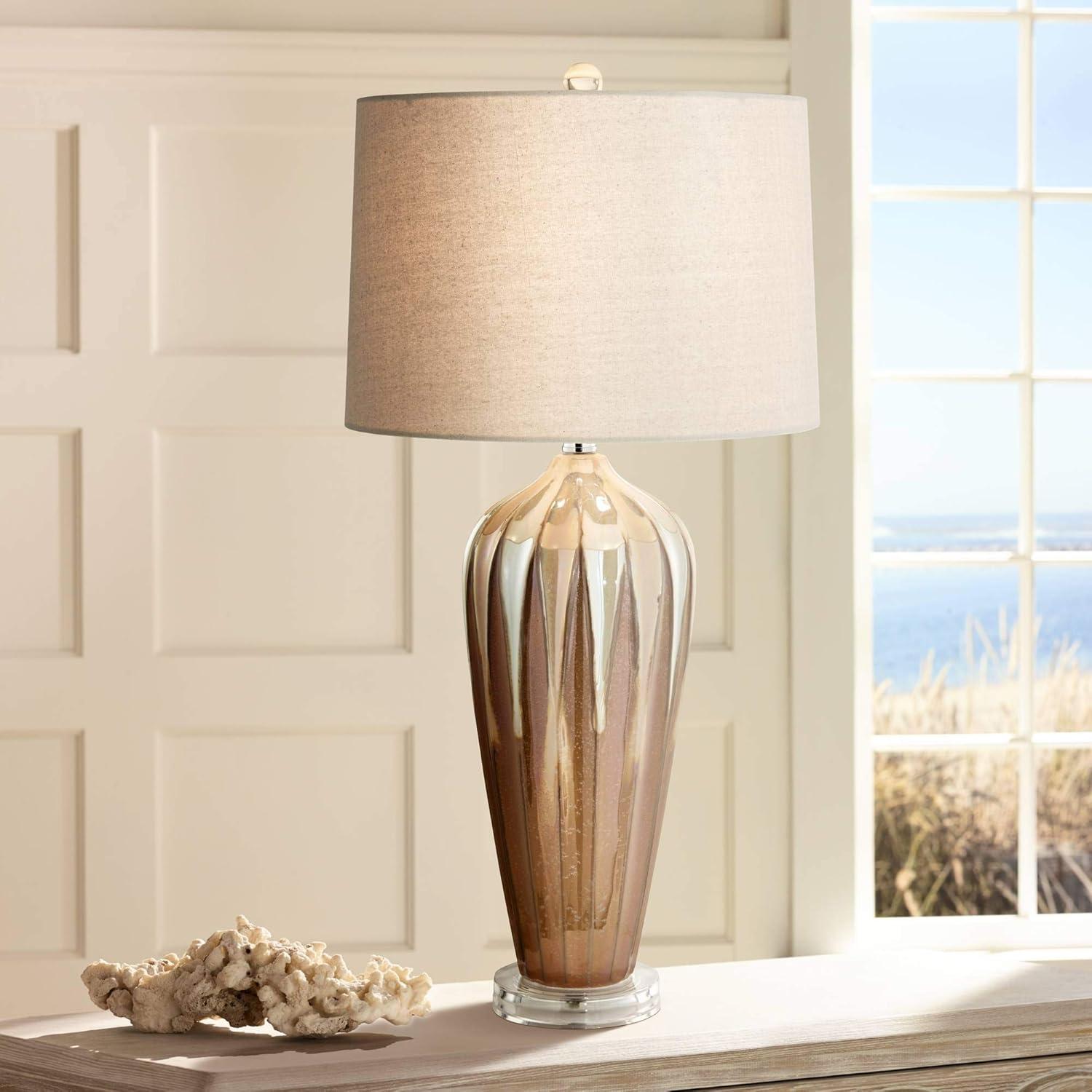 Ivory Drip Glaze Ceramic Table Lamp with Beige Drum Shade