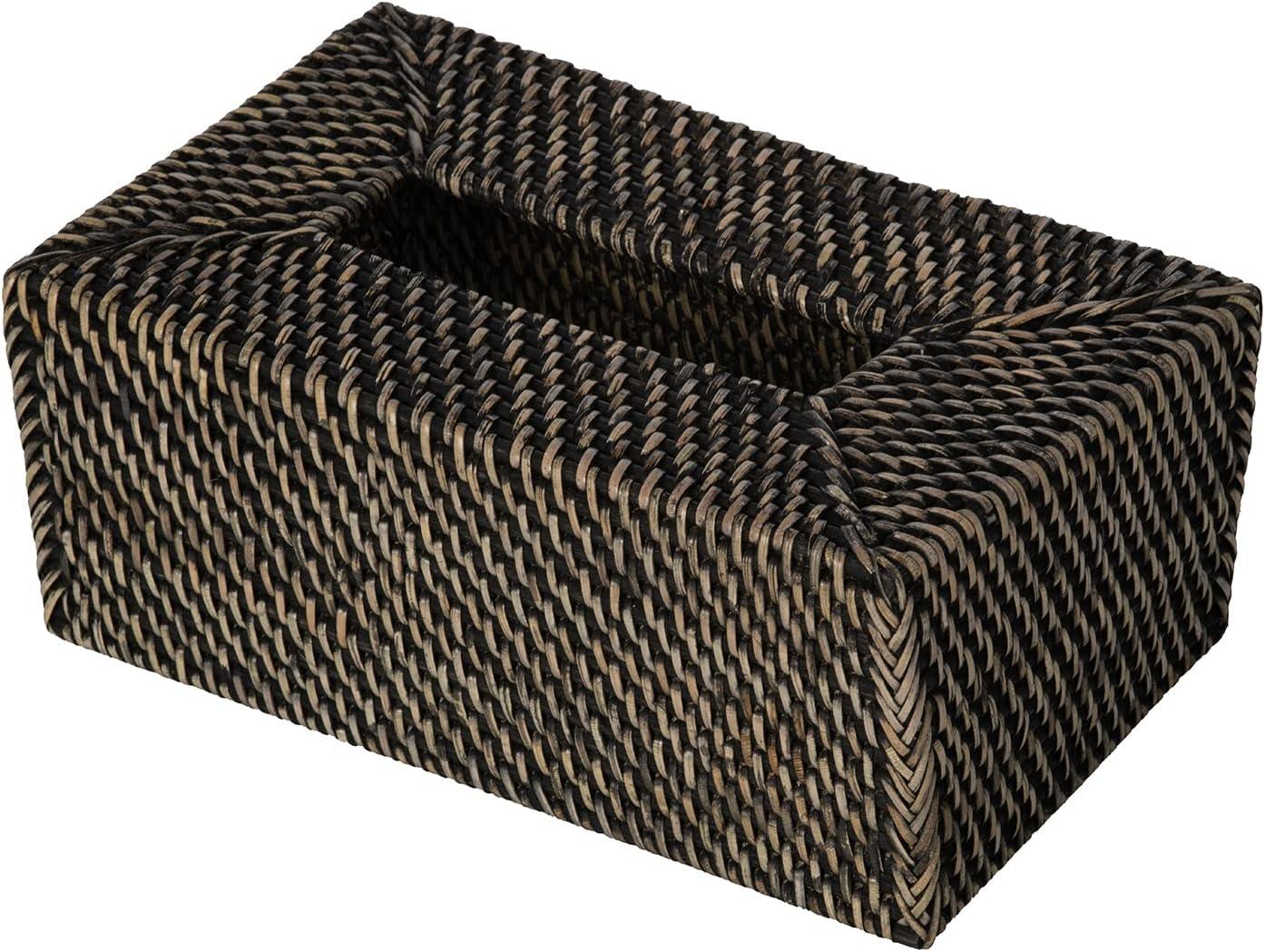 Kouboo Loma Rectangular Rattan Tissue Box Cover Holder, Wicker Decorative Tissue Holder for Living Room, Facial Napkin Holder, Black Antique