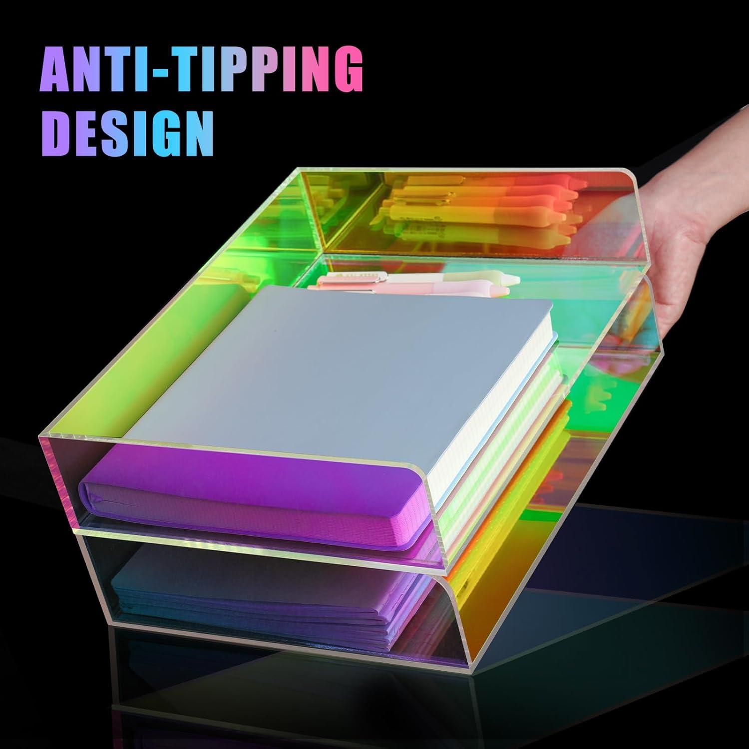 Acrylic Letter Tray 2-Tier Iridescent Stackable Desk Paper Tray Organizer and Office Accessories Supplies, Rainbow Letter Size Desk Accessories Storage Organization (Portrait)