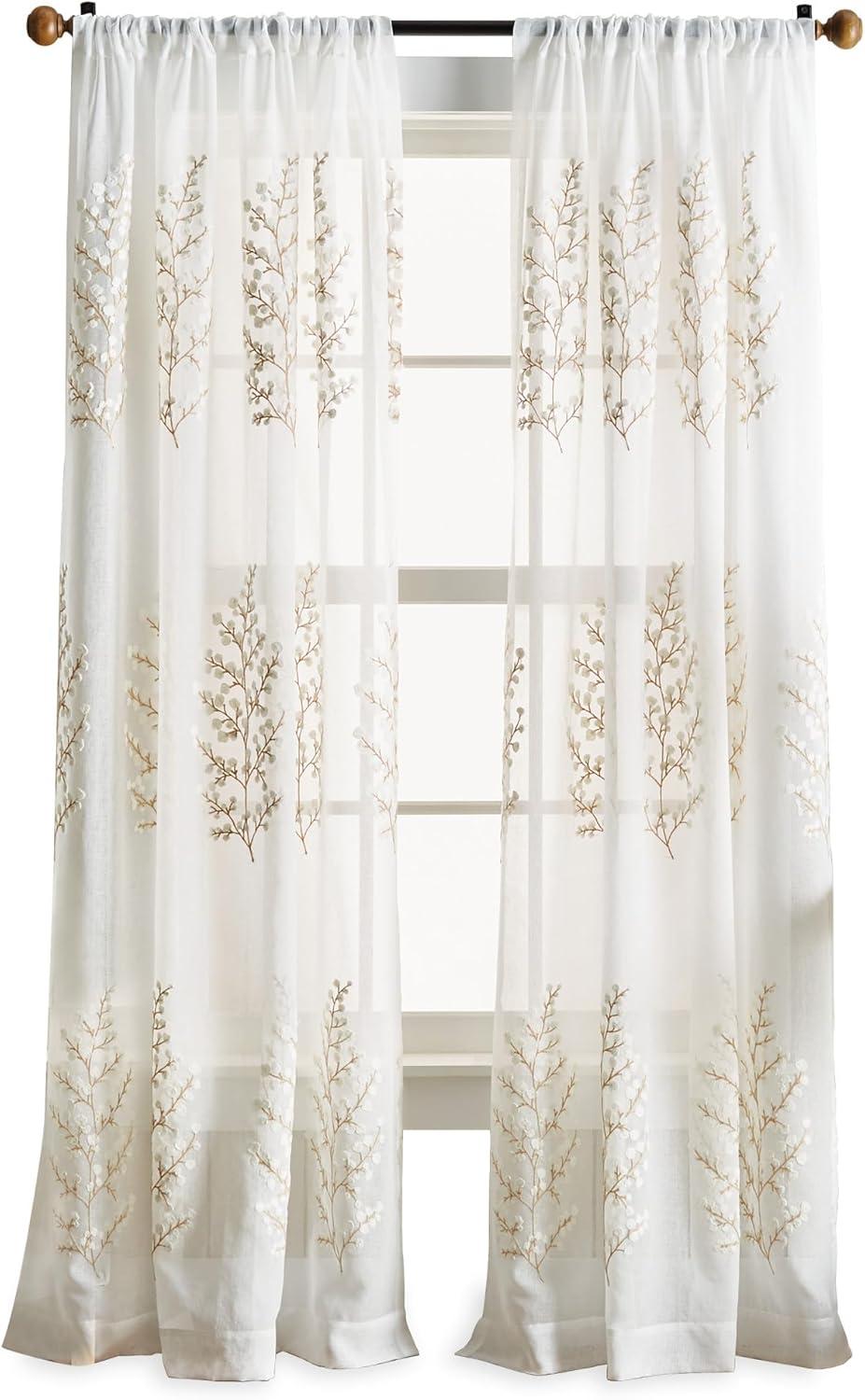 Martha Stewart Georgia Embroidery, Polyester Sheer Poletop Curtain Panel Pair, Ivory, 50"x84", Set of 2, Adult