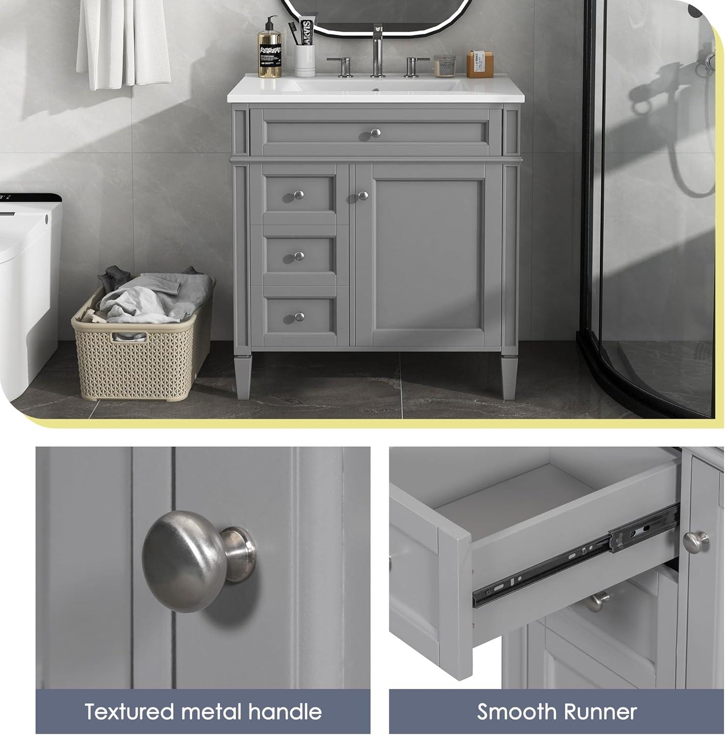 Linique 30" Bathroom Vanity with Sink Combo Set, Solid Wood Frame Modern Bathroom Storage Cabinet with 2 Drawers and a Tip-Out Drawer, Soft Closing Cabinet Door with Organizer, Grey