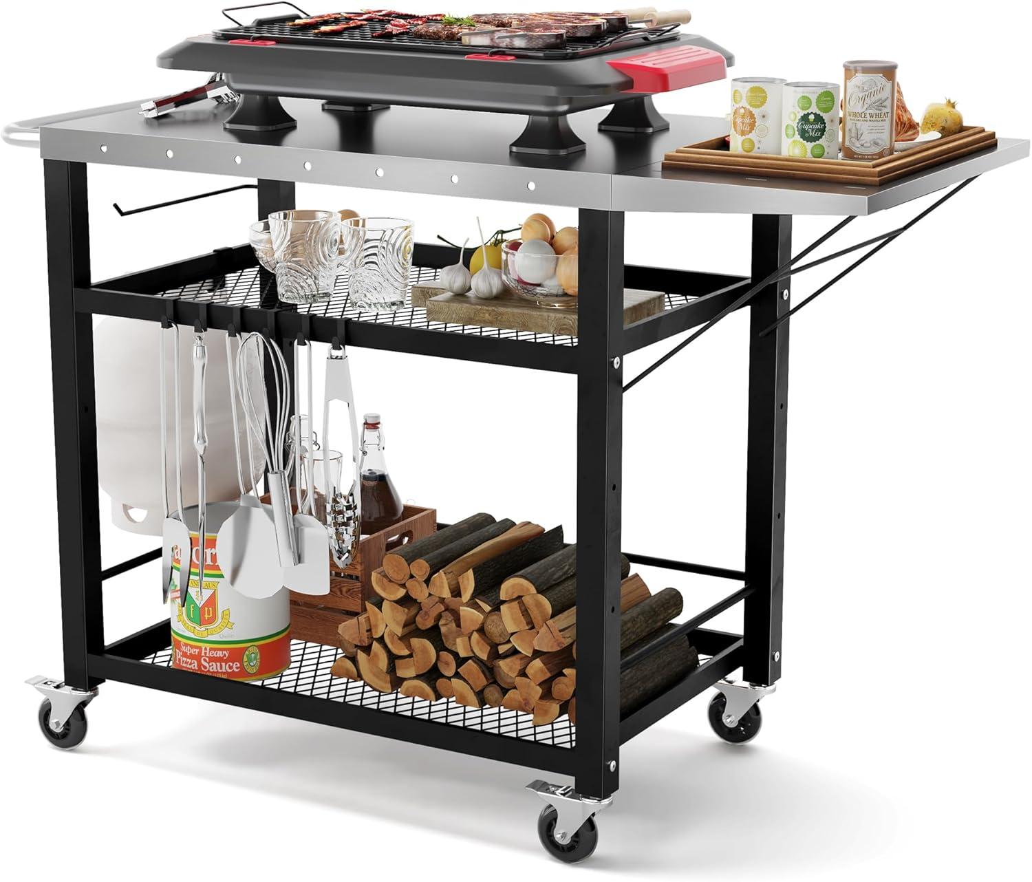 Dycanpo 33” Grill Cart Outdoor, Movable Gill Table, Stainless Steel, 3 Tiers, Black