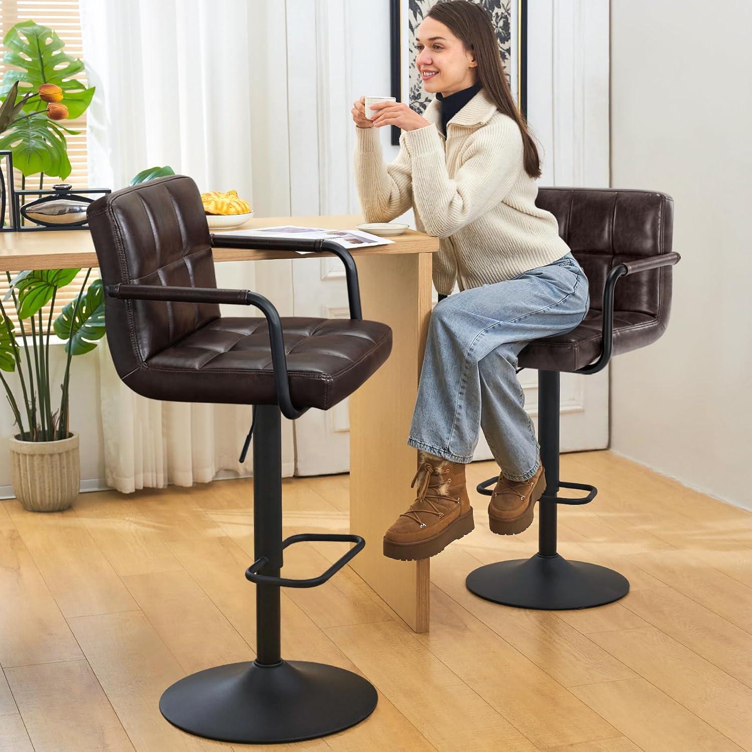 Furniliving Adjustable Swivel Bar Stools Counter Height Stool with Low-Back Kitchen Counter Stools Set of 2,Black Brown