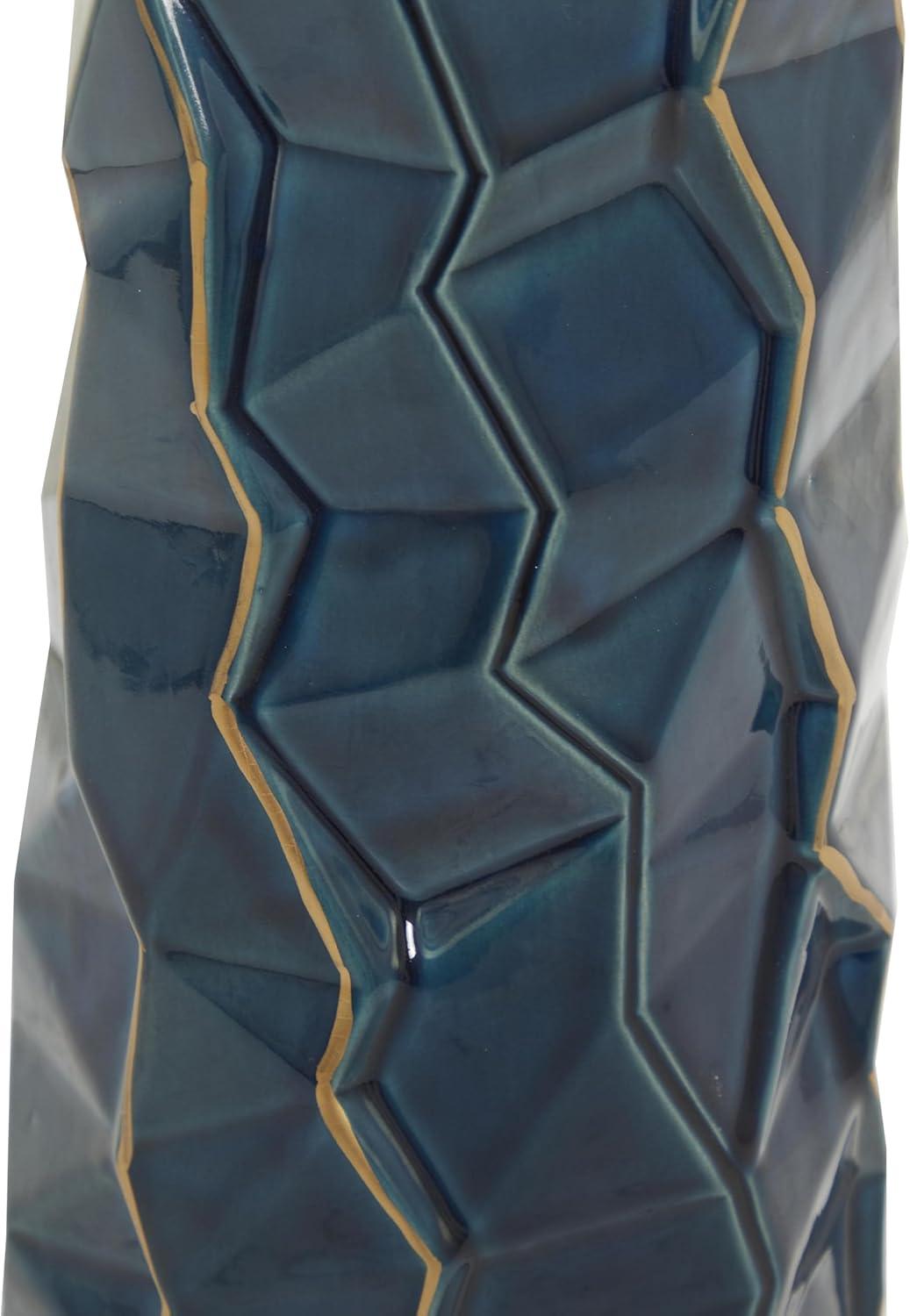 DecMode Blue Ceramic Modern and Coastal Vase 5"W x 15"H, featuring Minimalist Design with clean Lines and Angular Structures