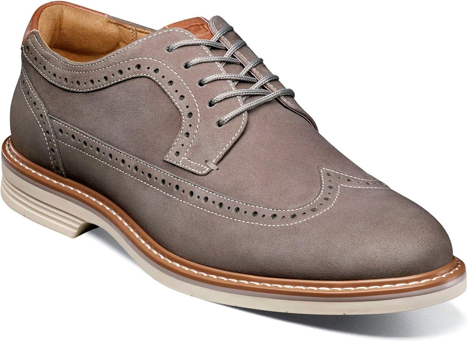 Gray Leather Wingtip Derby Shoes with Brown Accents