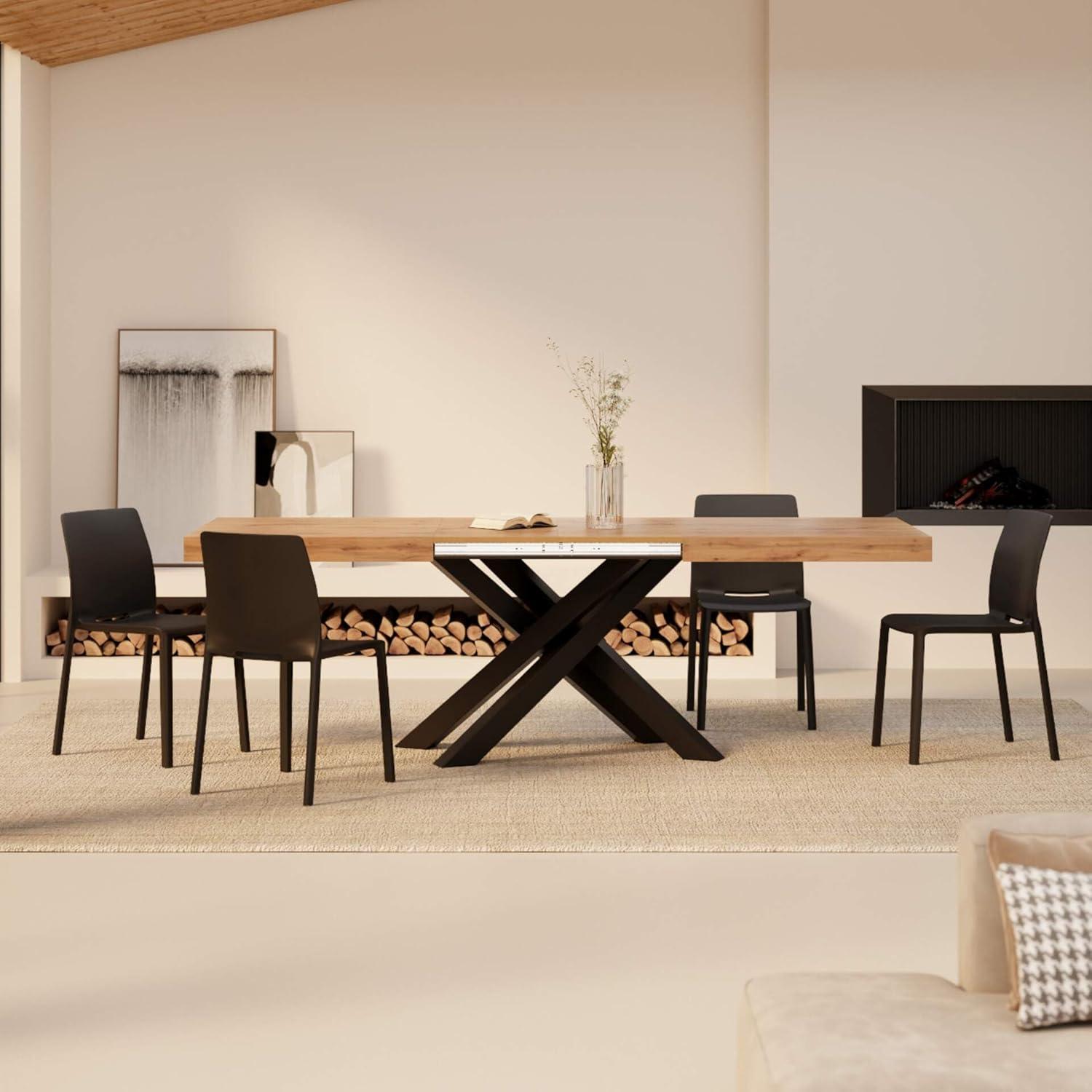 Mobili Fiver, Emma 63(94.5) x35.4 in Extendable Table, Rustic Oak with Black Crossed Legs, for 6-10 People, Expandable Dining Table for Kitchen, Living Room, Italian Furniture