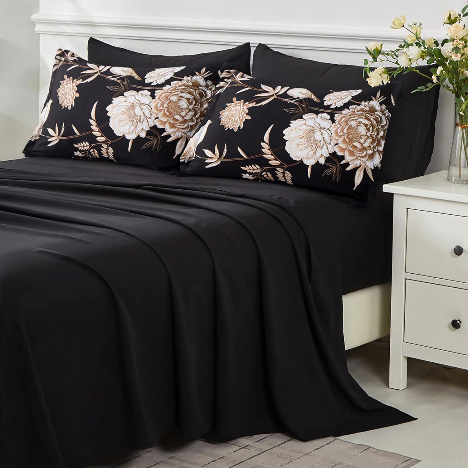 DANTUL 7 Piece Bed In A Bag Queen Comforter Set Botanical Floral Bedding Set,White Flowers Leaves Printed On Black Reversible Design,Soft Microfiber Comforter With Sheet Set,All Season