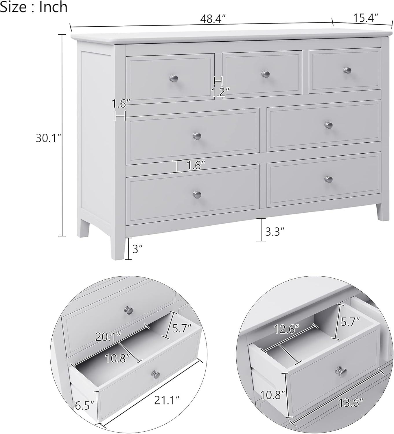 White Pine Wood Double Dresser with 7 Drawers