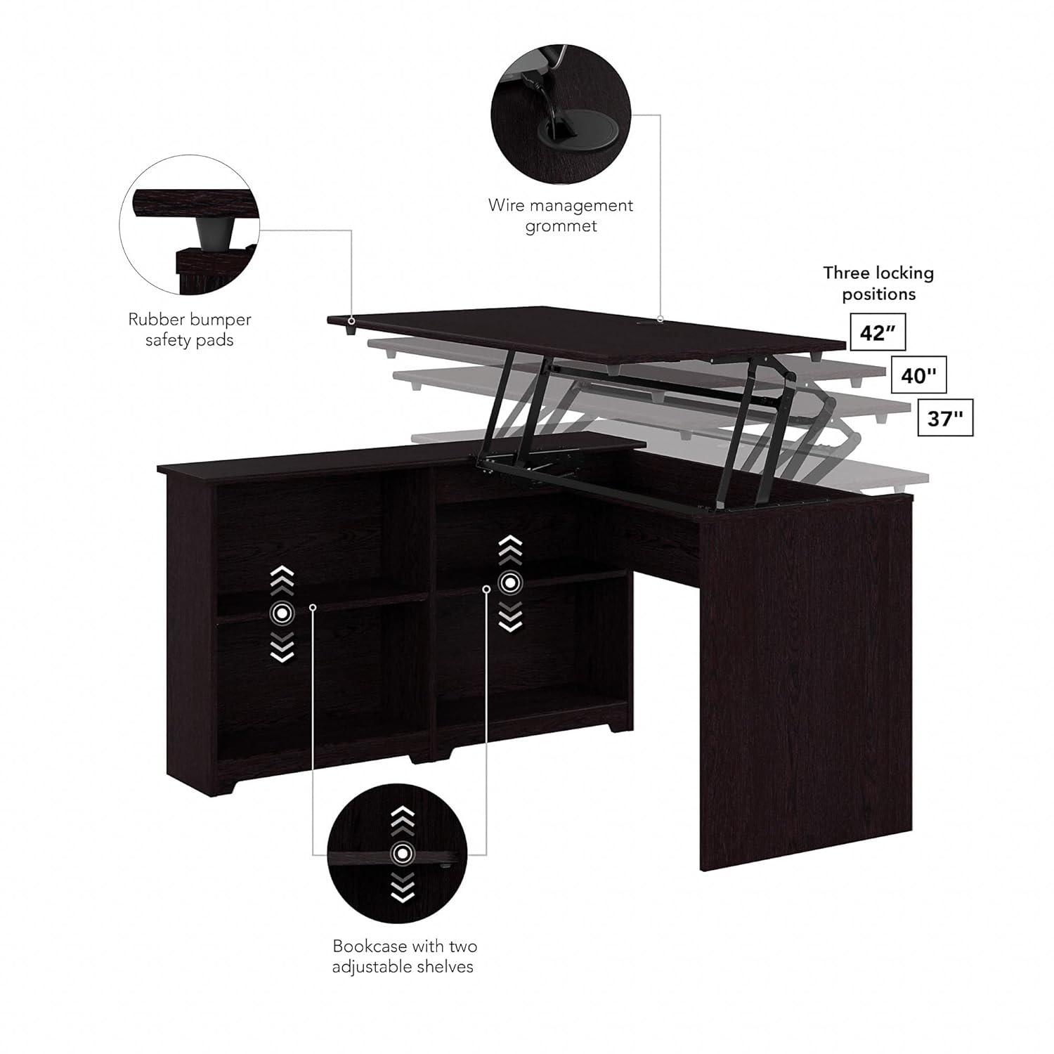 Bush Furniture Cabot 52" Sit to Stand Corner Bookshelf Desk, Espresso Oak