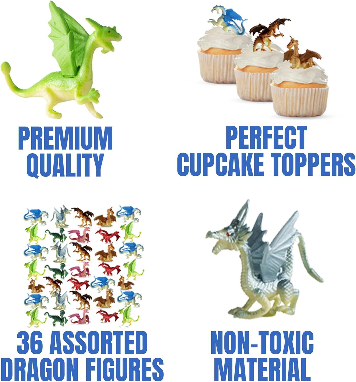 Mini Dragon Toy Figures - (Pack of 36) 2 Inch Plastic Rubbery Dragon Figurines in Assorted Colors and Styles - Kids Toys for Birthday Party Favors, Decorations, Cupcake Toppers and Piñatas