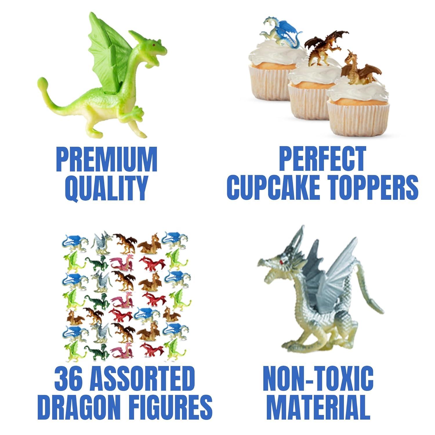 Mini Dragon Toy Figures - (Pack of 36) 2 Inch Plastic Rubbery Dragon Figurines in Assorted Colors and Styles - Kids Toys for Birthday Party Favors, Decorations, Cupcake Toppers and Piñatas