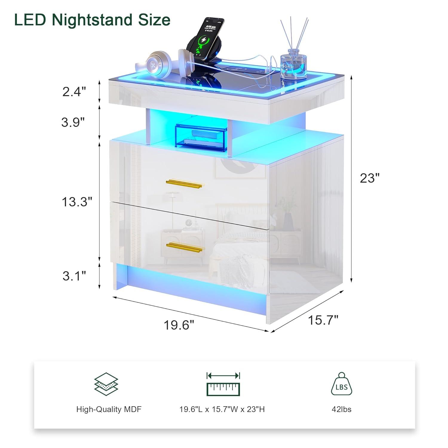 HNEBC Smart LED Nightstand with Wireless Charging & USB Ports, High Glossy Night Stand with 3 Drawers and 1 Pull-Out Tray, Modern Bedside Table with Human Sensor for Bedroom (White)