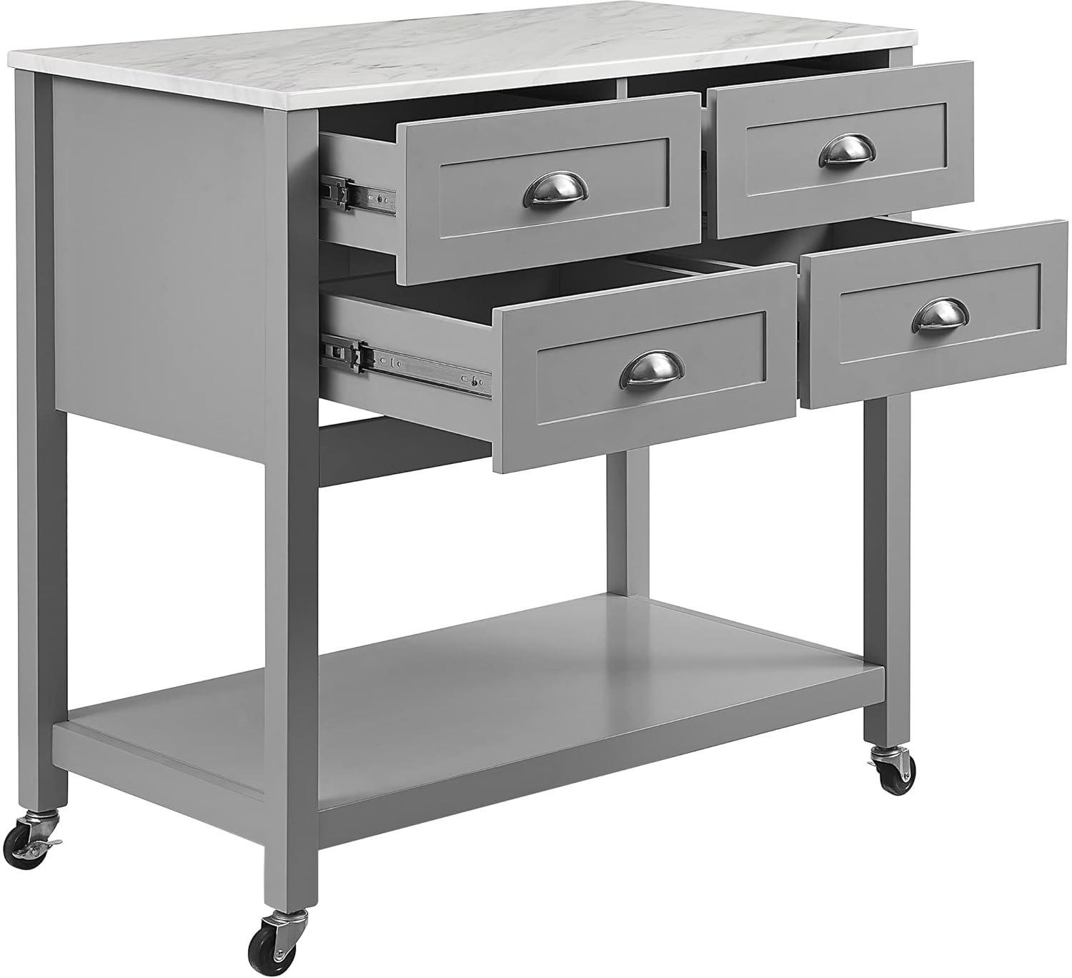 Connell Kitchen Island Cart Gray/White Marble - Crosley: Mobile Storage, 4 Drawers, Open Shelf, Locking Wheels