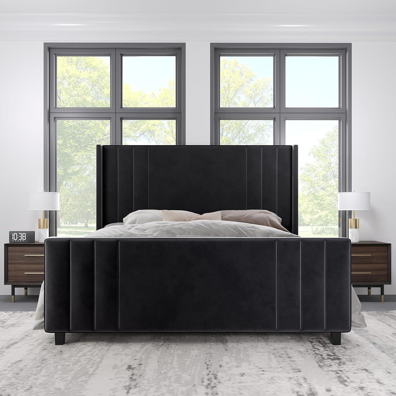 Queen Black Velvet Upholstered Platform Bed with Tufted Headboard