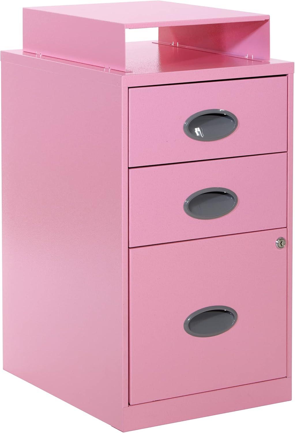 OSP Home Furnishings 3-Drawer Lockable Metal File Cabinet, Pink
