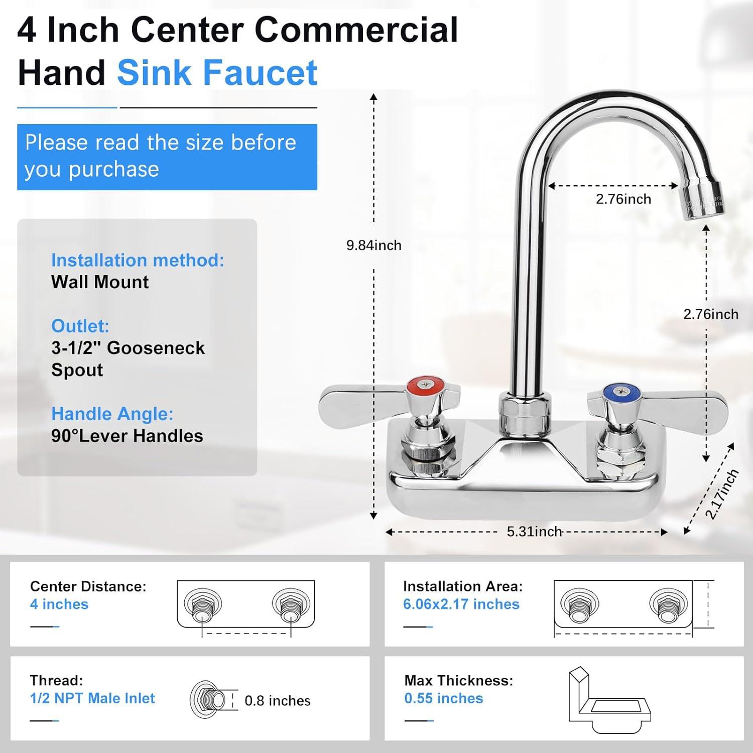 KWODE 4 Inch Center Commercial Hand Sink Faucet with 3-1/2”Gooseneck Spout, Dual Lever Handle Wall Mount Kitchen Sink Faucet, Brass Constructed, Chrome