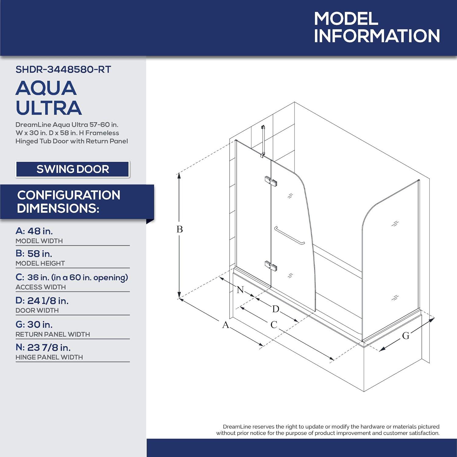 Aqua Ultra Frameless Matte Black Tub Door with Return Panel