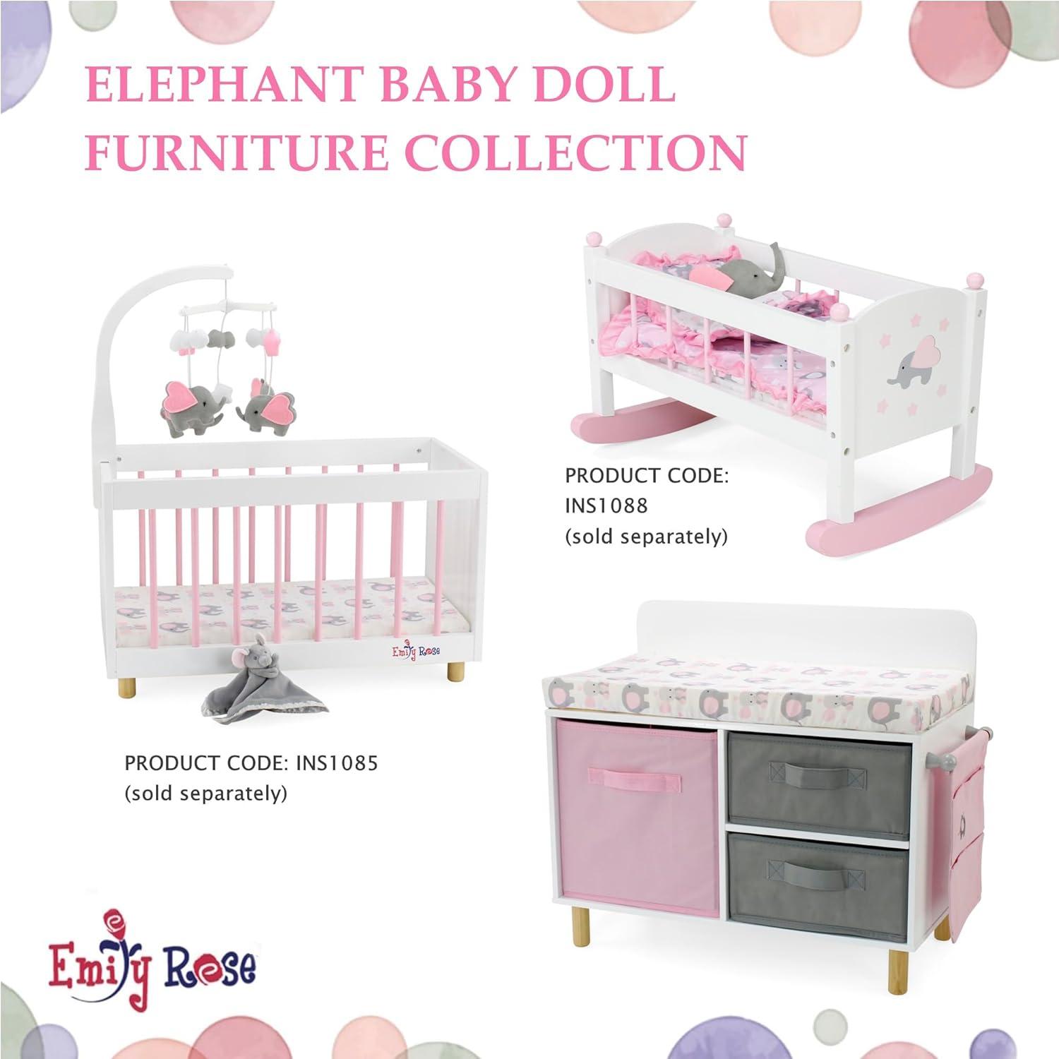 Emily Rose - Toy Baby Doll Crib Set for Little Girls, Changing Table Furniture with Clothes and Accessories Storage and Pockets, for 3+ Year Old Girls, Baby Doll Set and Accessories - White/Pink/Gray