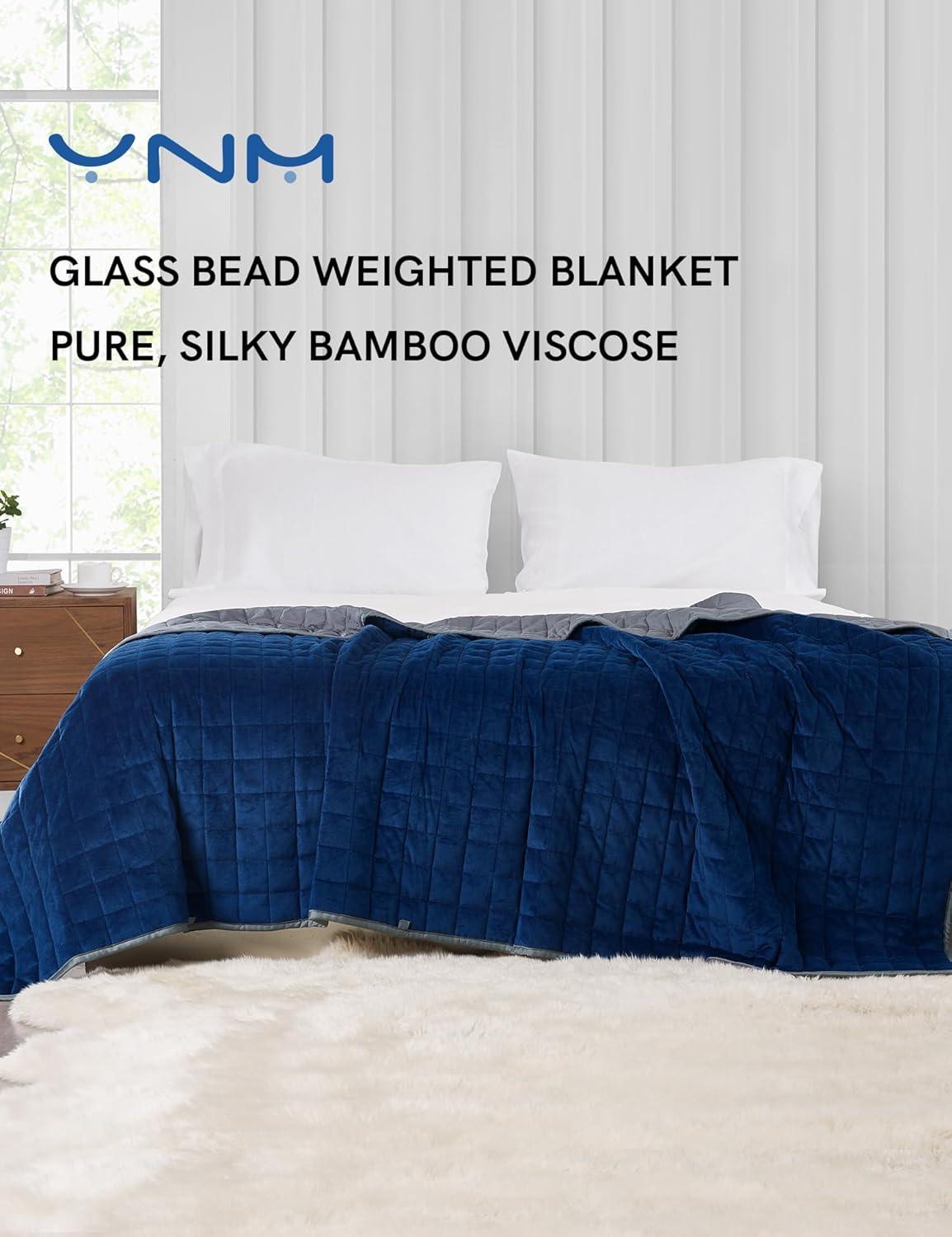 YnM Exclusive Weighted Blanket, Cooling & Cozy Velvet Dual-Sided, Smallest Compartments with Glass Beads, Ideal for One Person of 140lbs on Twin/Full Bed (48x72 Inches, 15 Pounds, Blue/Grey)