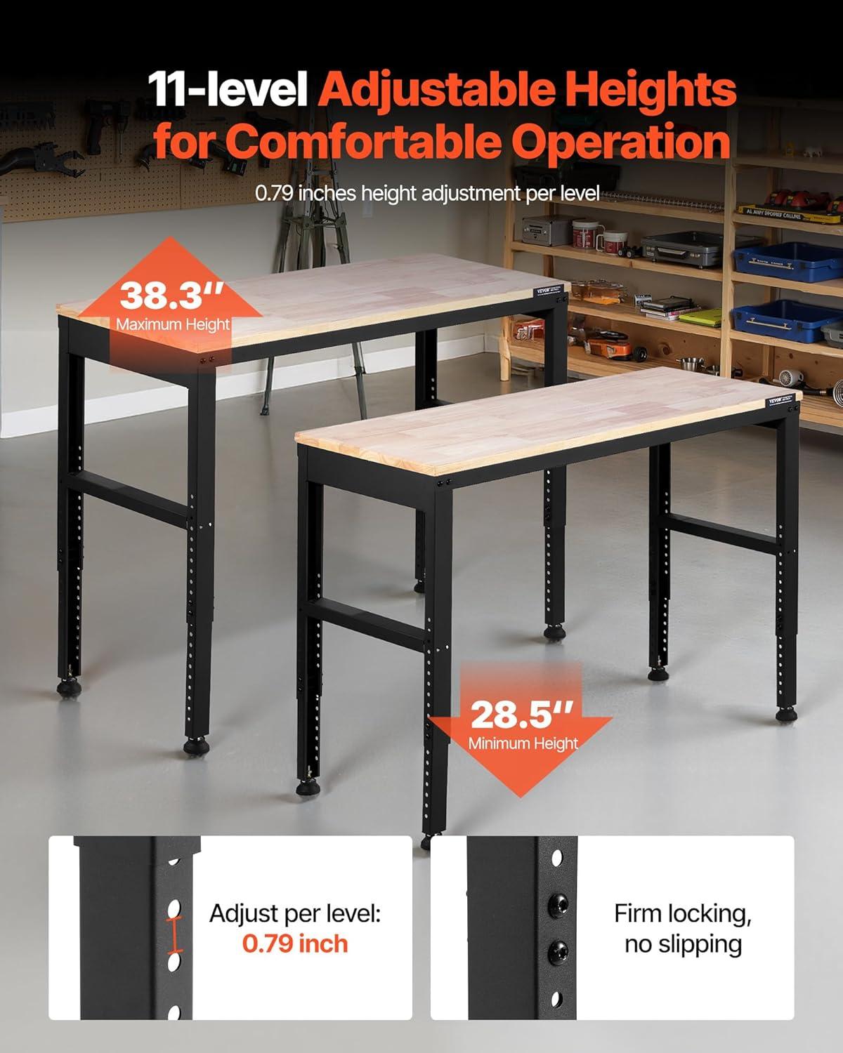 VEVOR 48'' W Wood Top Height-Adjustable Workbench