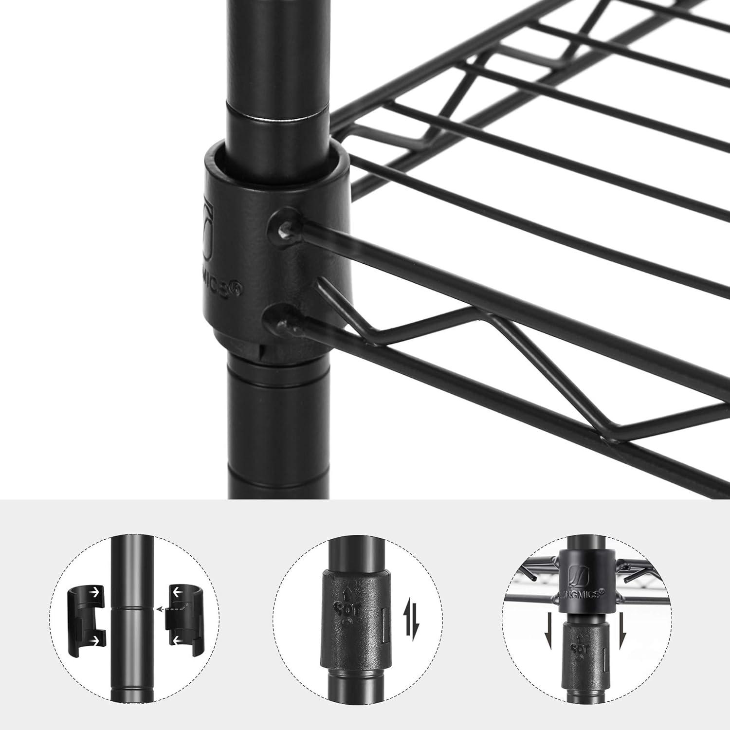 SONGMICS Baker’s Rack Adjustable Microwave Stand Kitchen Storage Rack with 4 Shelves 6 Hooks for Pots Pans Spice Bottles in The Kitchen Apartment Studio Black