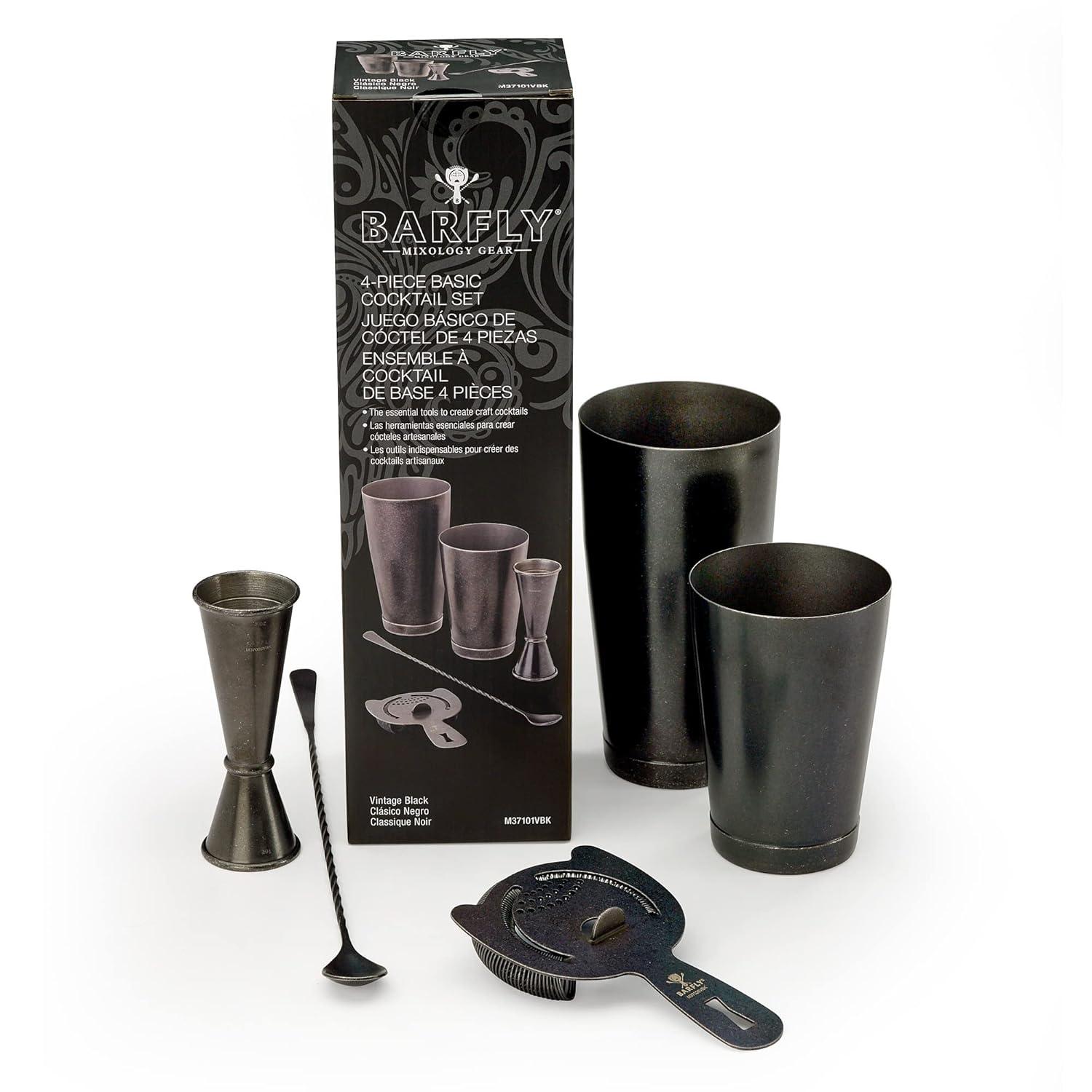 Vintage Black 5-Piece Cocktail Shaker Set with Jigger and Strainer