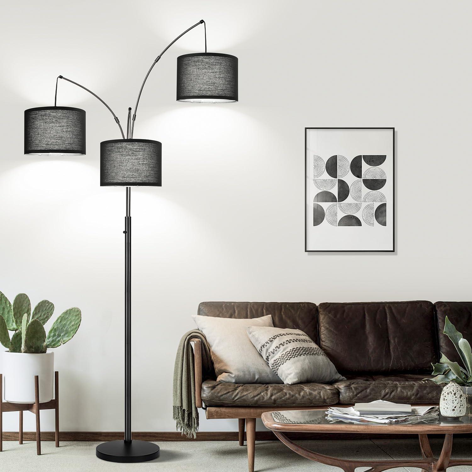 Matte Black Multi-Head Arc Floor Lamp with Linen Shades