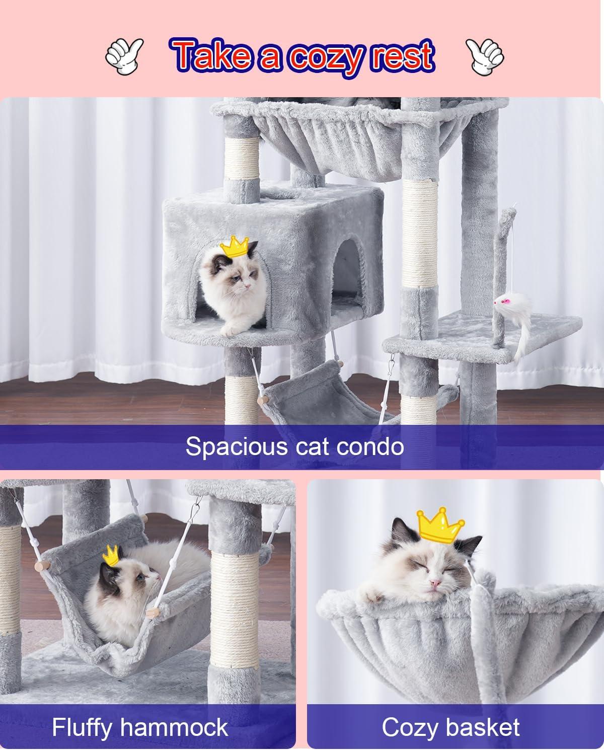 63" Cat Tree For Large Breeds - Spacious Platforms, Hammock, Sisal Scratching Posts & Cat Condo, Indoor Use