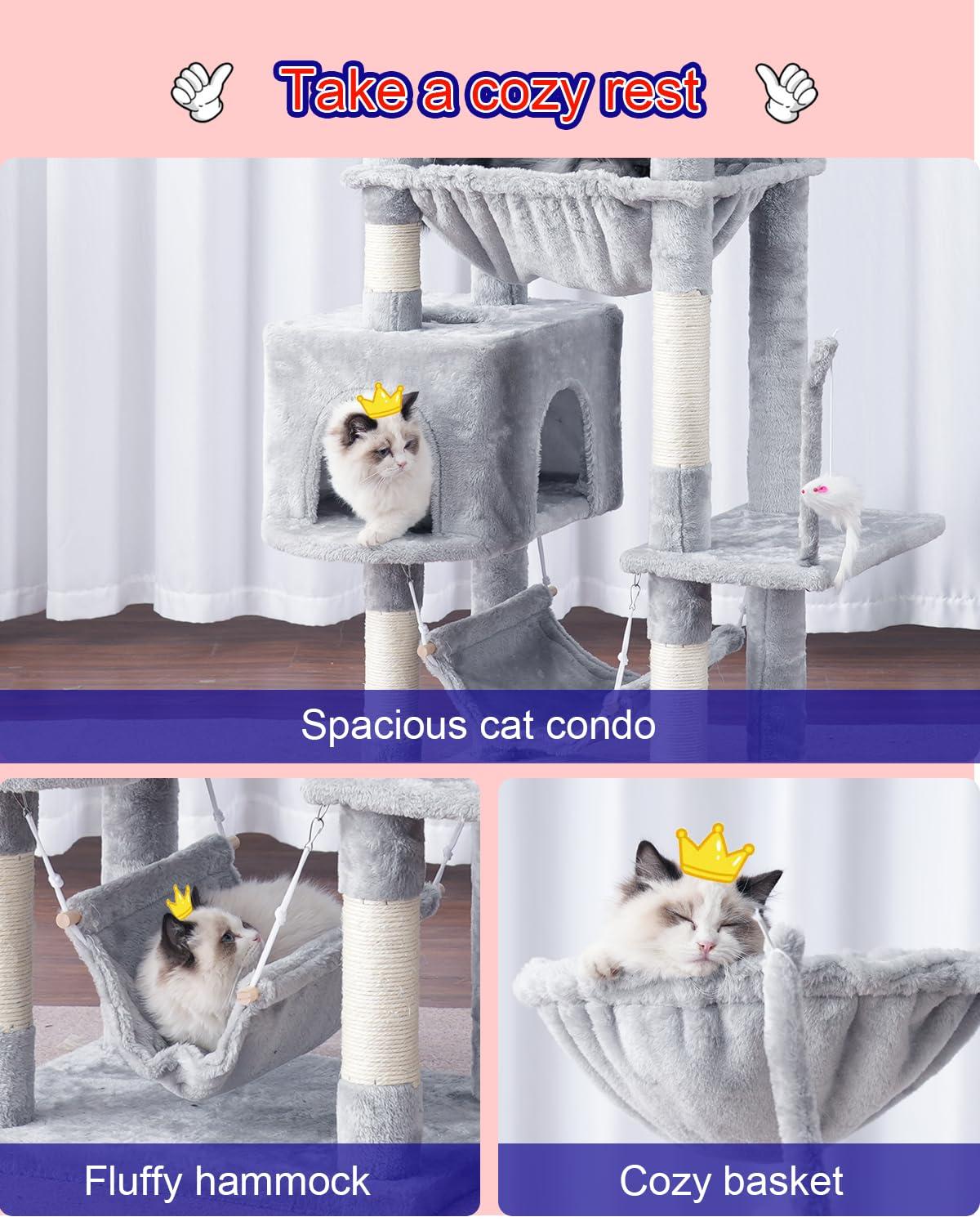 Tucker Murphy Pet™ 63" Cat Tree For Large Breeds - Spacious Platforms, Hammock, Sisal Scratching Posts & Cat Condo, Indoor Use
