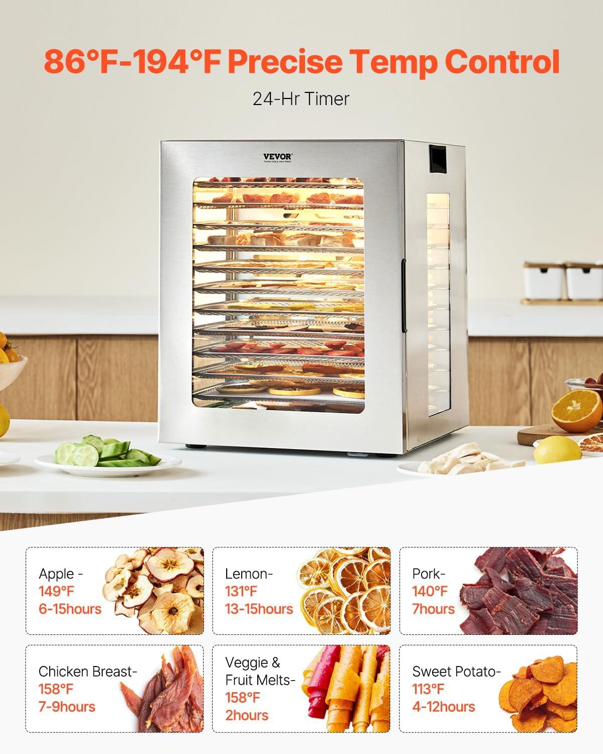 VEVOR Food Dehydrator, 12 Stainless Steel Trays Dehydrators Machine, 850W Food Dryer with Adjustable Temp & 24-Hour Timer, Dehydrator for Food and Jerky, Meat, Fruit, Vegetables, Herbs, Dog Treats