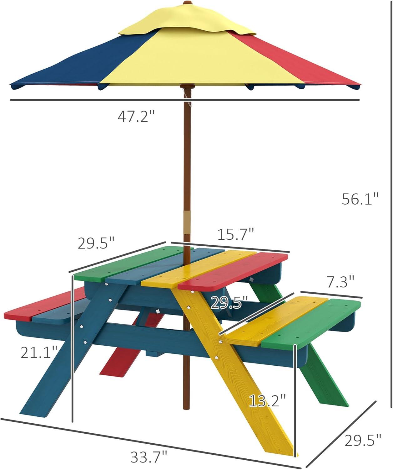 Outsunny Kids Picnic Table Set with Parasol, Wooden Outdoor Bench Set with Seating for 2 Children 3-6 Years Old, for Patio, Backyard, Indoor Use