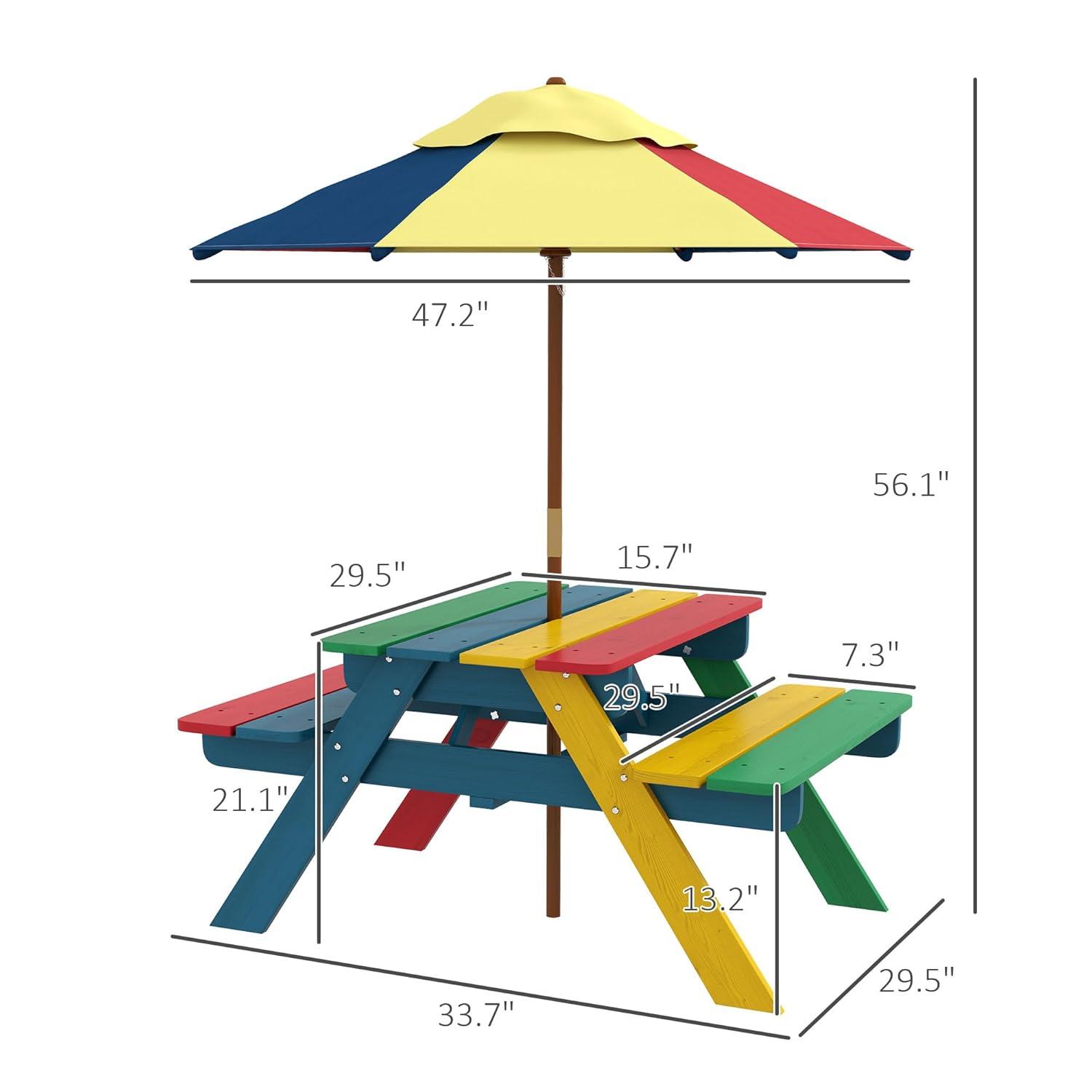 Outsunny Kids Picnic Table Set with Parasol, Wooden Outdoor Bench Set with Seating for 2 Children 3-6 Years Old, for Patio, Backyard, Indoor Use