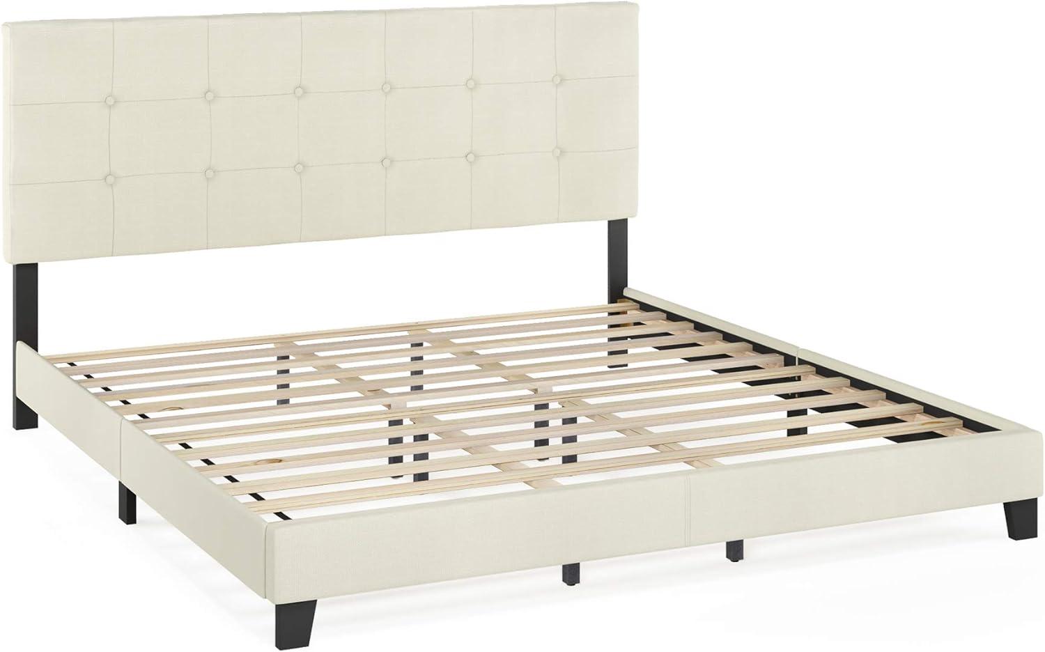 Luxurious Linen King-Sized Platform Bed with Tufted Headboard