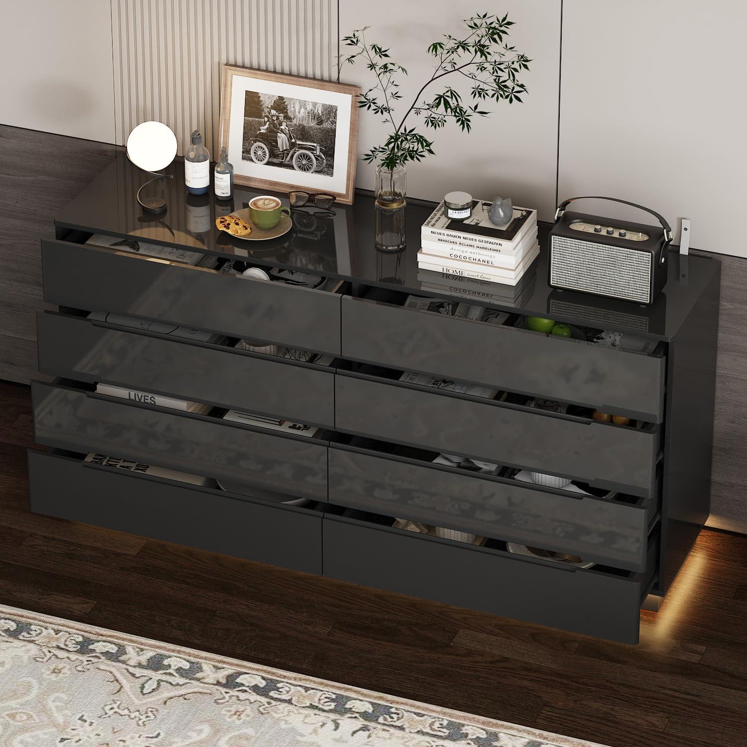 Black 8-Drawer 63 in. W Wood Double Dresser Chest of Drawers Bedroom Storage Organizer in With High Gloss and LED Lights