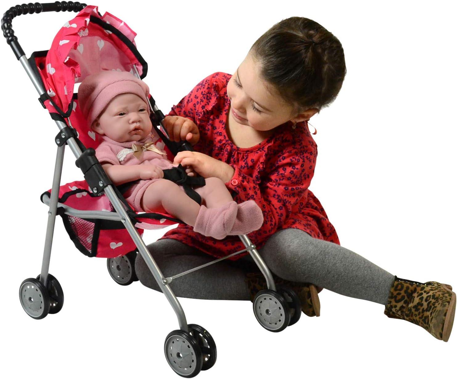 The New York Doll Collection Baby Doll Stroller - My First Toy Stroller for Kids Age 1+ Pink Heart Design