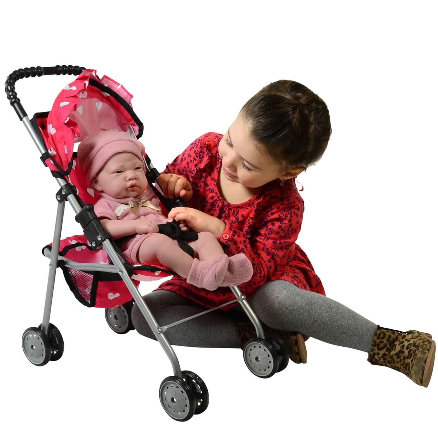 The New York Doll Collection Baby Doll Stroller - My First Toy Stroller for Kids Age 1+ Pink Heart Design