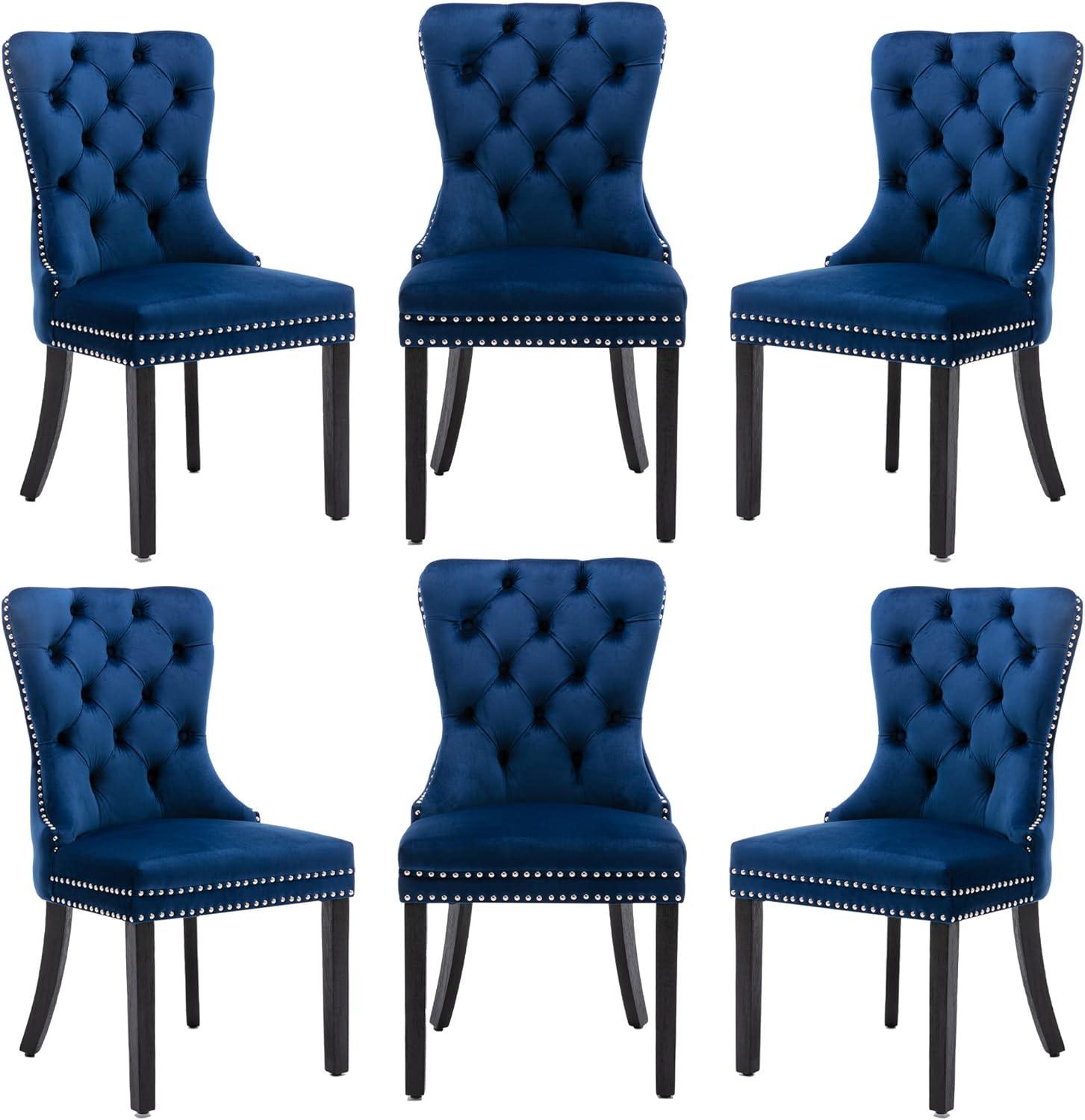 Blue Velvet Upholstered Dining Chairs with Wood Legs, Set of 6