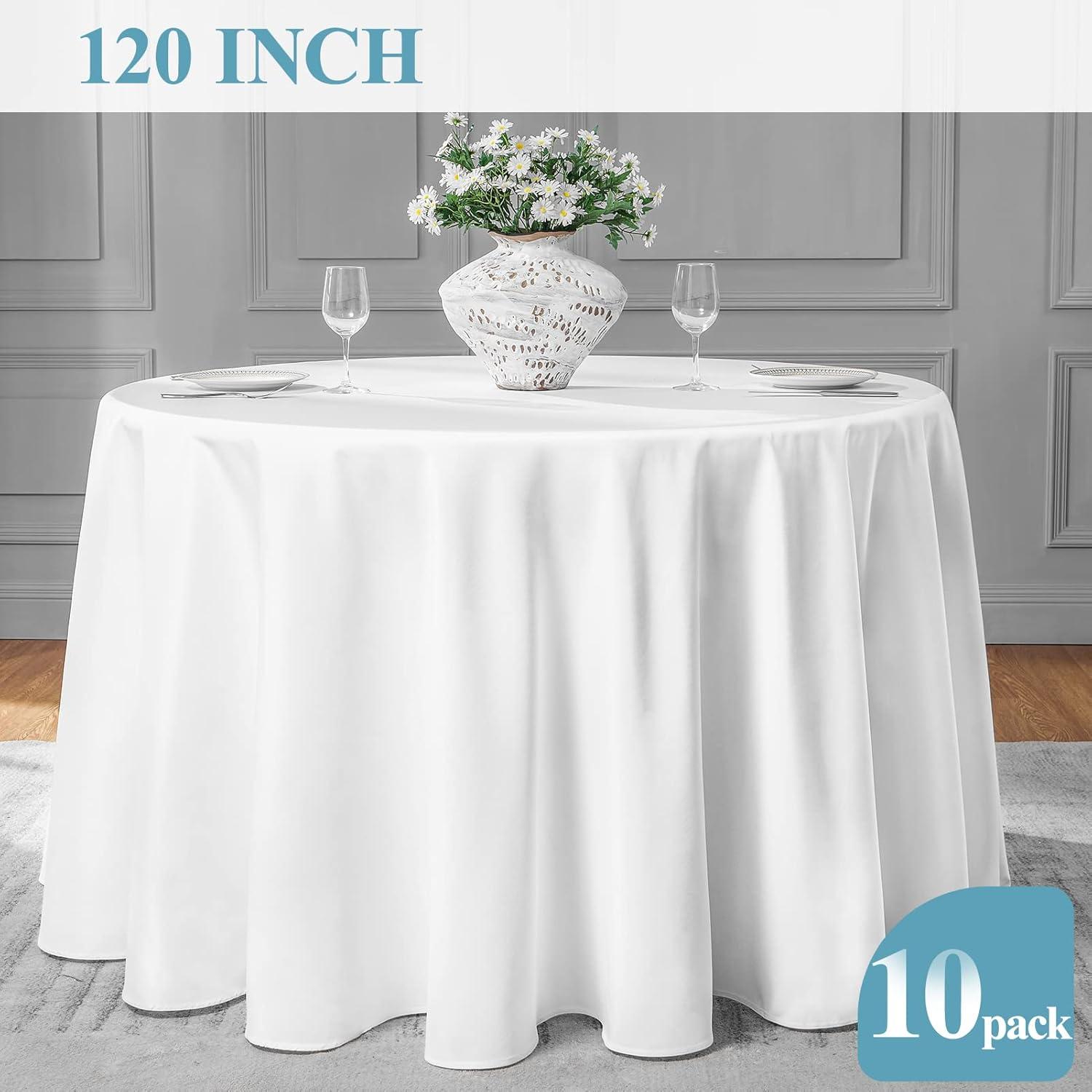 10 Pack Round Tablecloth White 120 Inch, Stain Resistant and Wrinkle Polyester Table Cloth, Washable Table Cover for Kitchen Dining, Wedding, Buffet Table, Holiday Party