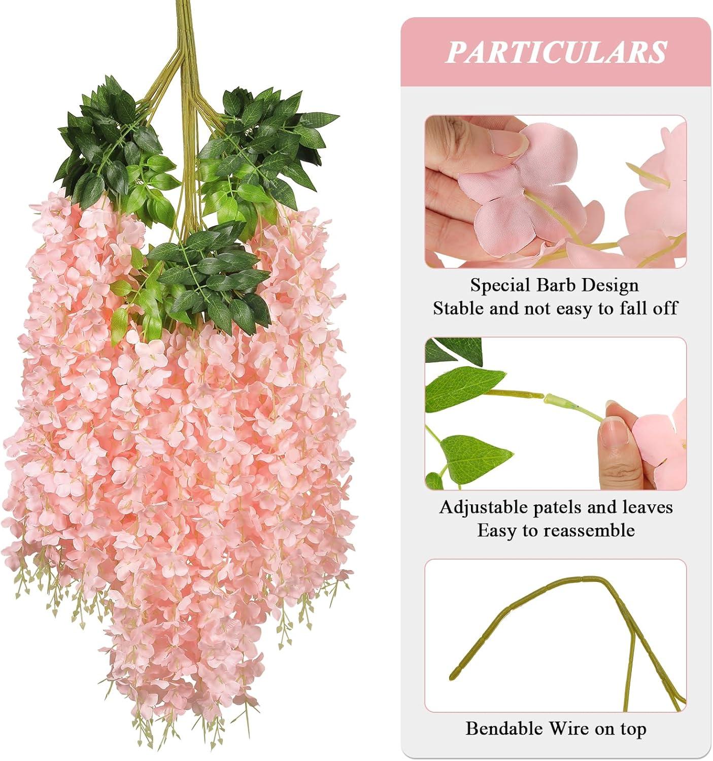 Wisteria Hanging Flowers 24 Pack Fake Flower Garland Artificial Wisteria Vines Rattan Silk Flower String Wedding Party Wall Decorations,Blush Pink