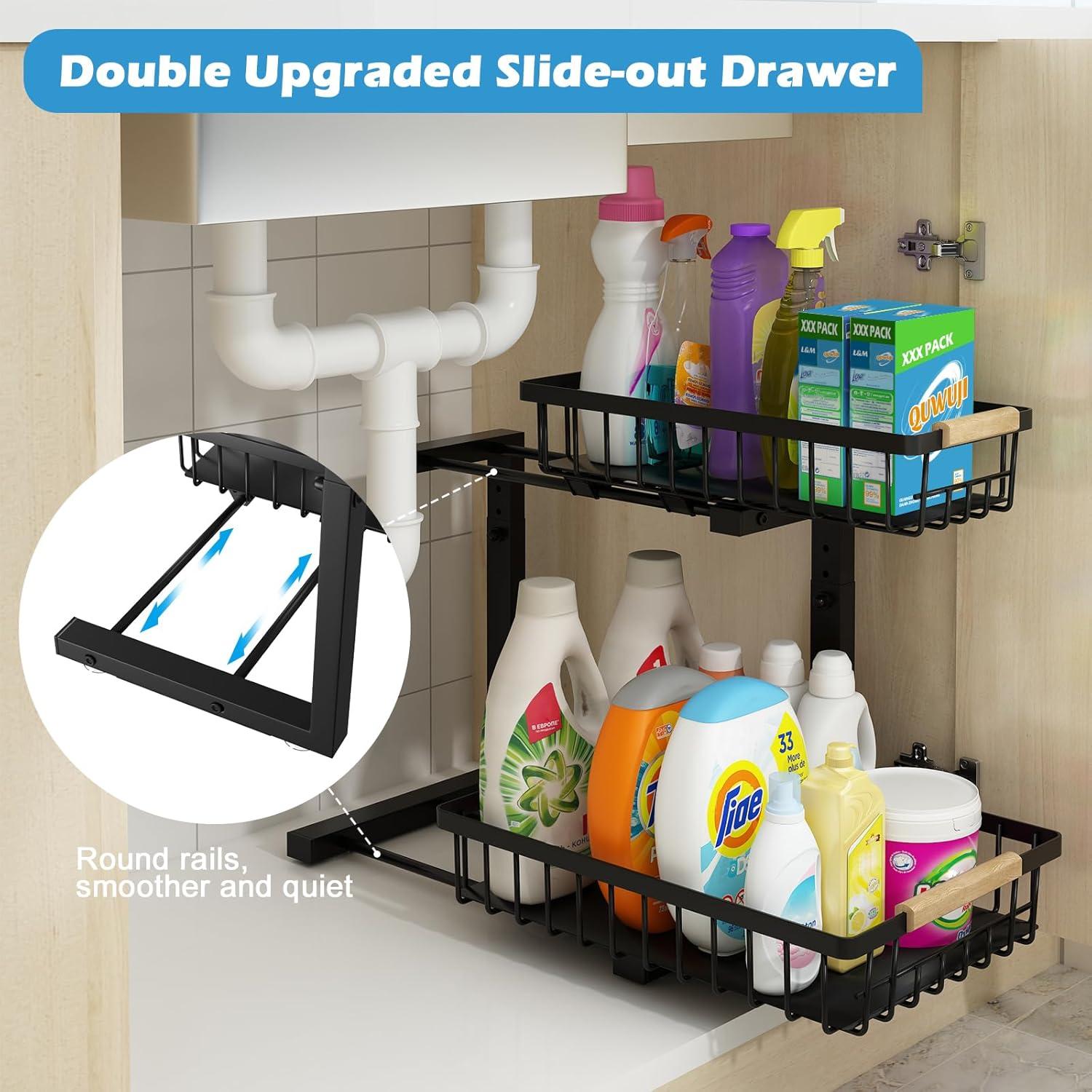 DELAMU 2 Pack Under Sink Organizers and Storage, Pull Out Trash Can Under Cabinet, 2 Tier Bin Organizer with Hooks and Haning Cups, Multi-Purpose Sliding Under Cabinet Organizer