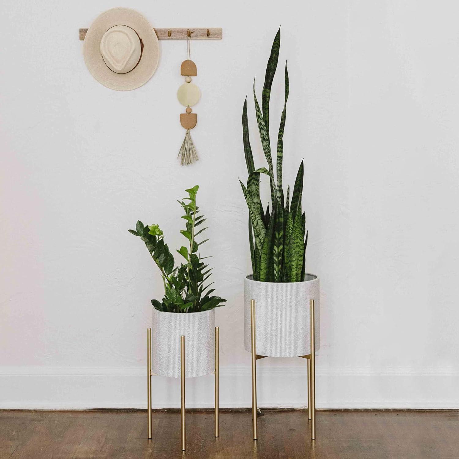 Main + Mesa Modern Boho Embossed Metal Planters with Stands, White and Gold, Set of 2 Sizes